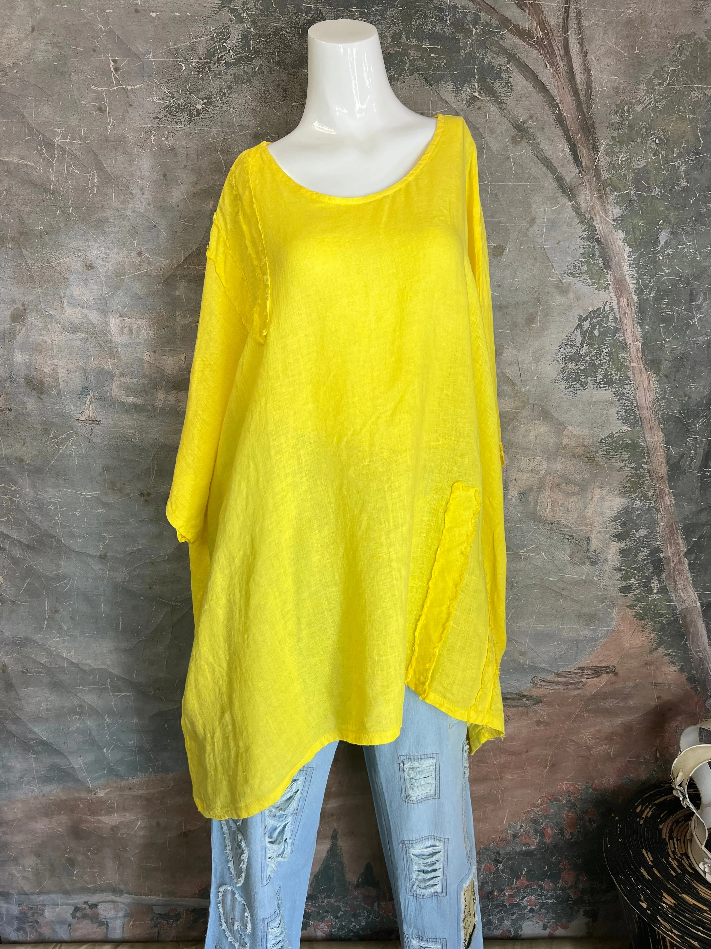 91624 Solid Patch Tunic Top-Yellow