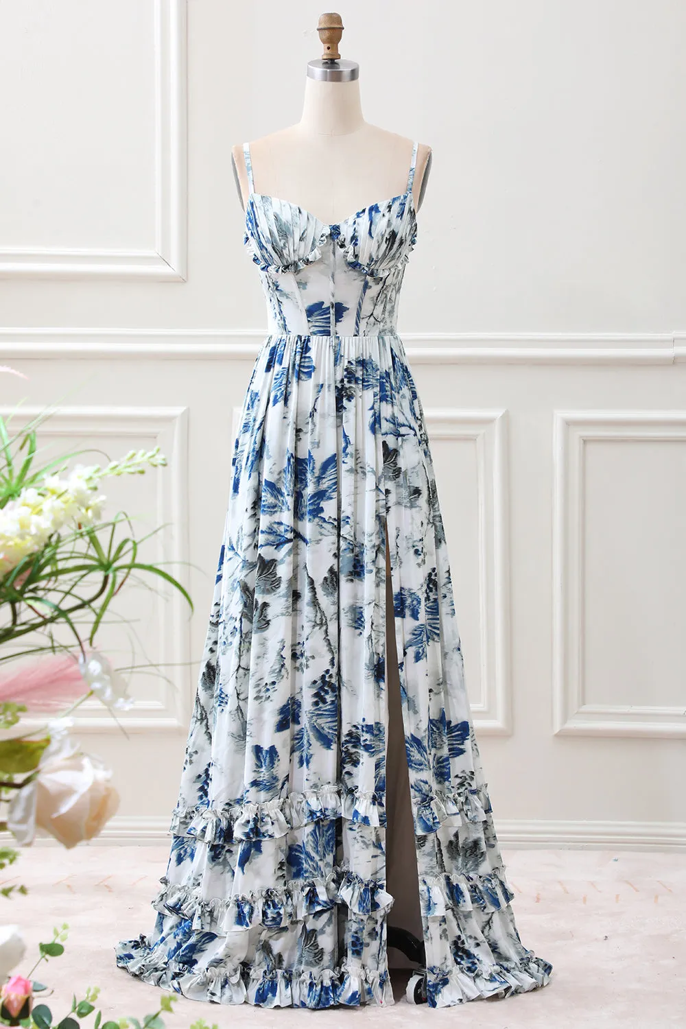 A Line Pleated Blue Printed Corset Maxi Dress with Slit