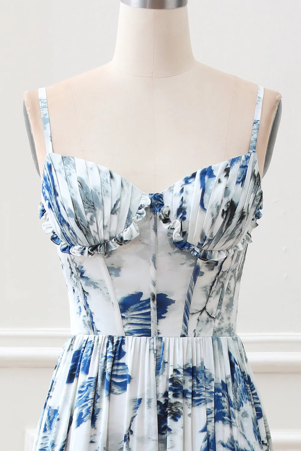 A Line Pleated Blue Printed Corset Maxi Dress with Slit