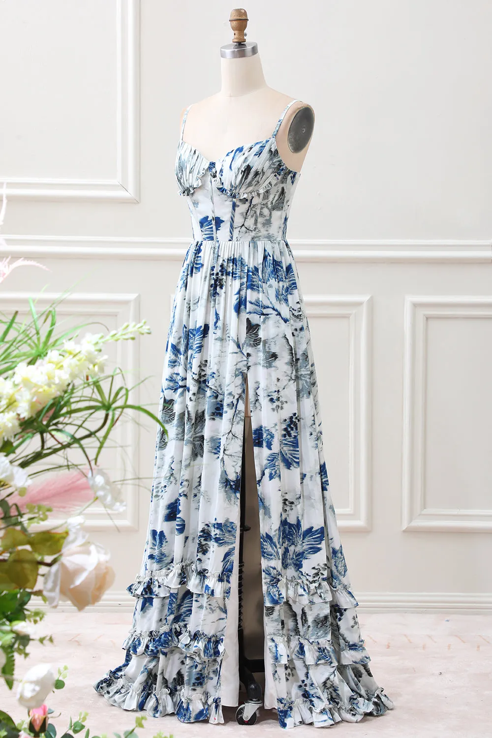 A Line Pleated Blue Printed Corset Maxi Dress with Slit