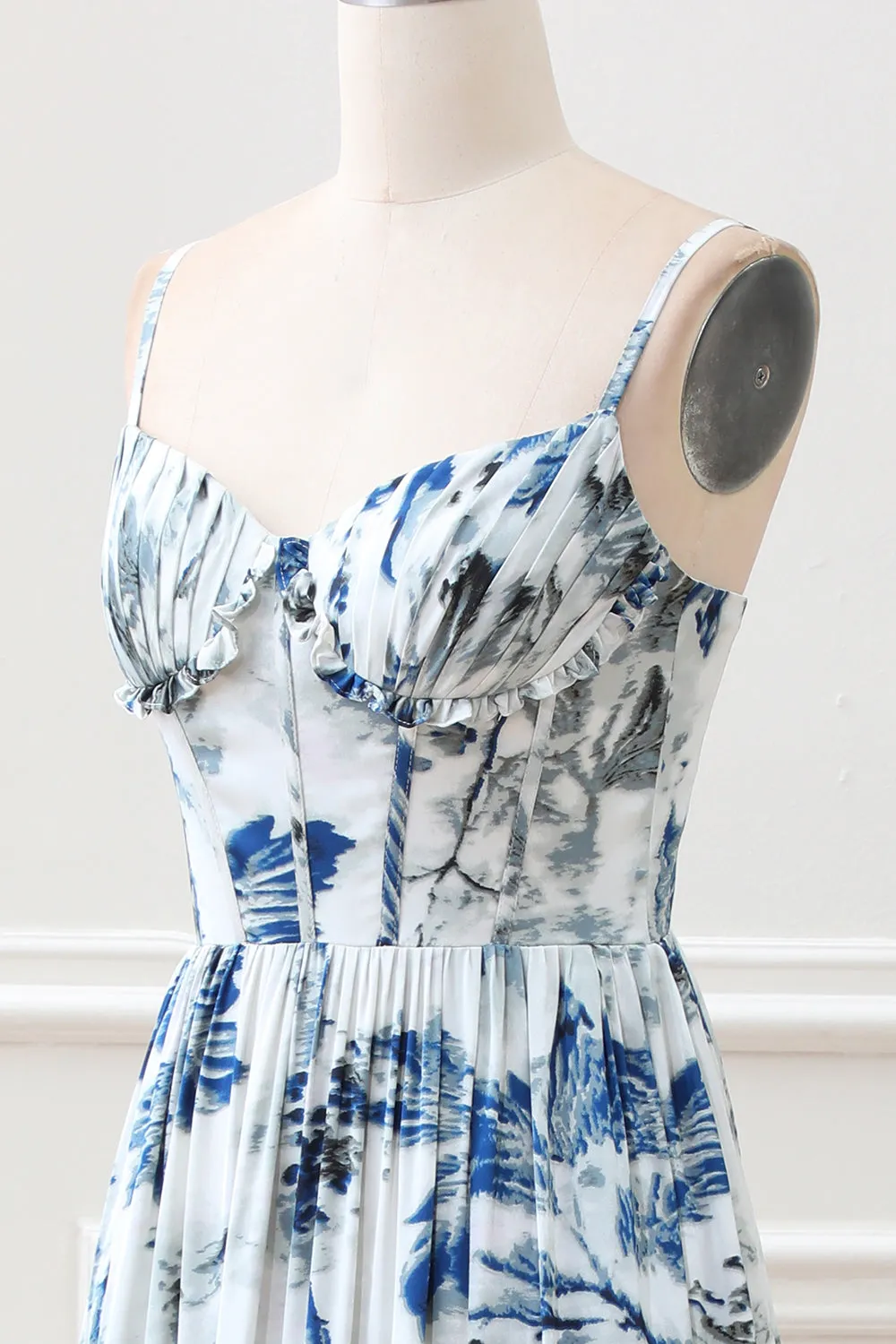 A Line Pleated Blue Printed Corset Maxi Dress with Slit