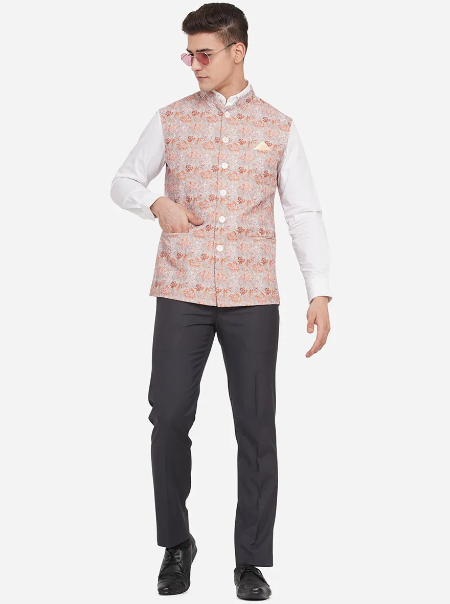 Beige & Orange Printed Regular Fit Bandhgala Jacket | JB Studio