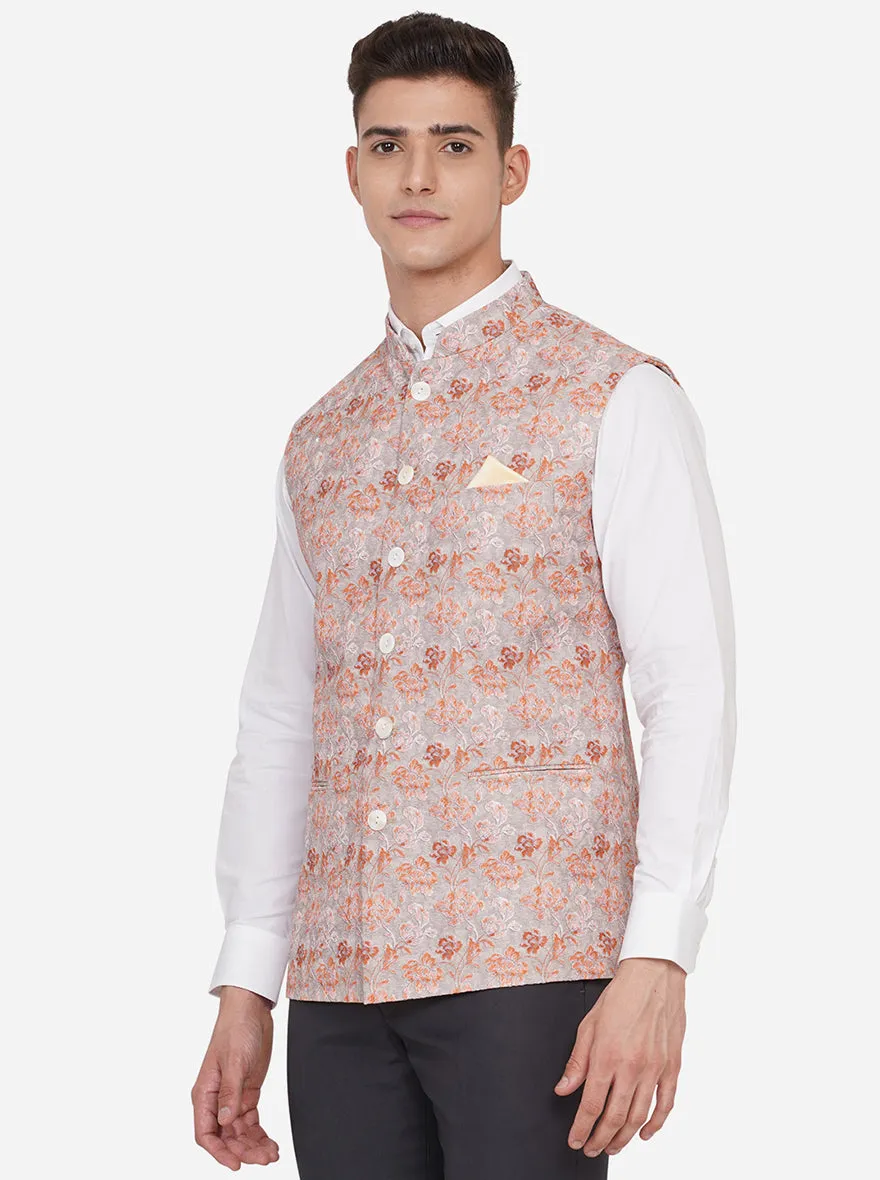 Beige & Orange Printed Regular Fit Bandhgala Jacket | JB Studio