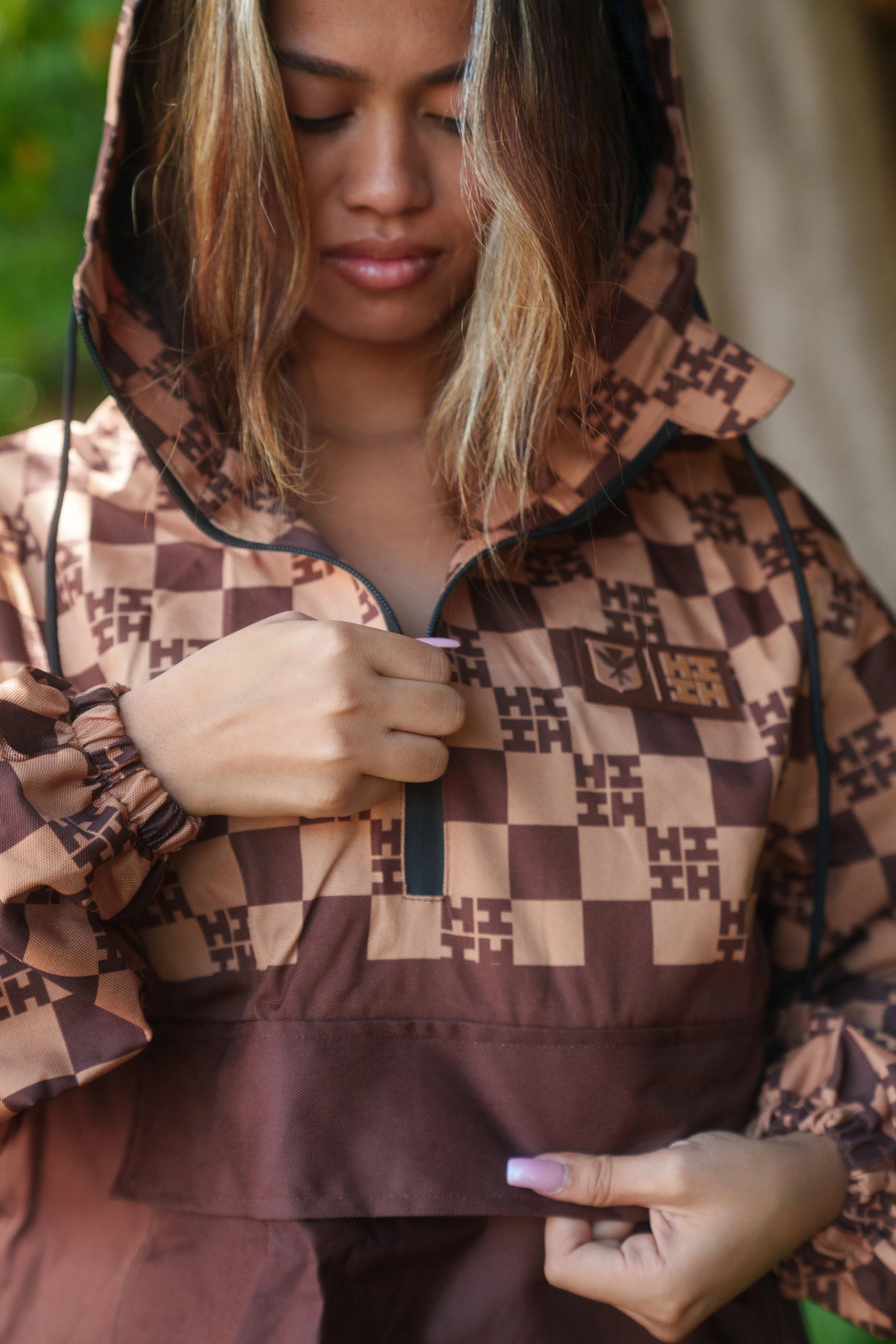 BROWN & TAN CHECKERBOARD RAIN JACKET