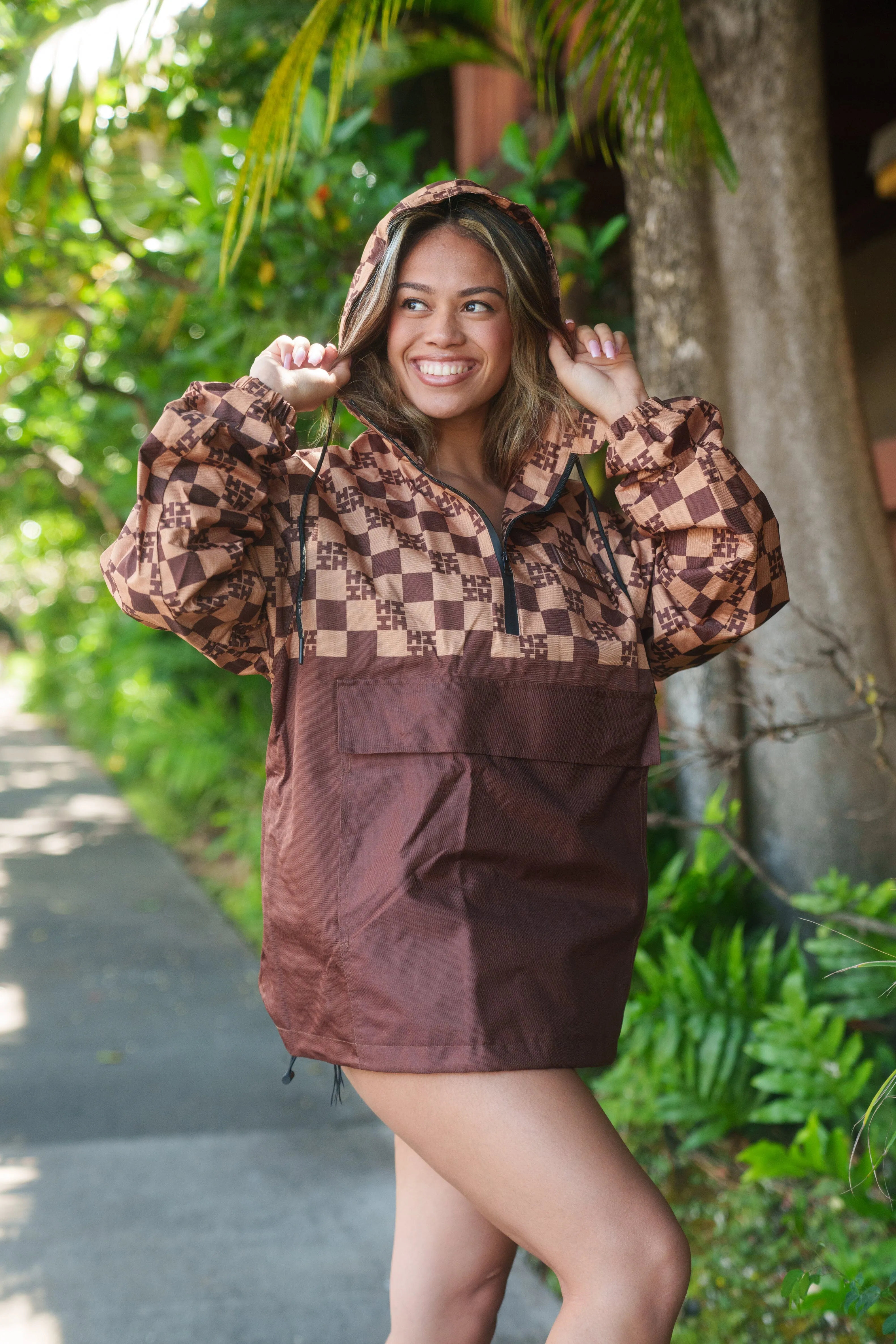 BROWN & TAN CHECKERBOARD RAIN JACKET