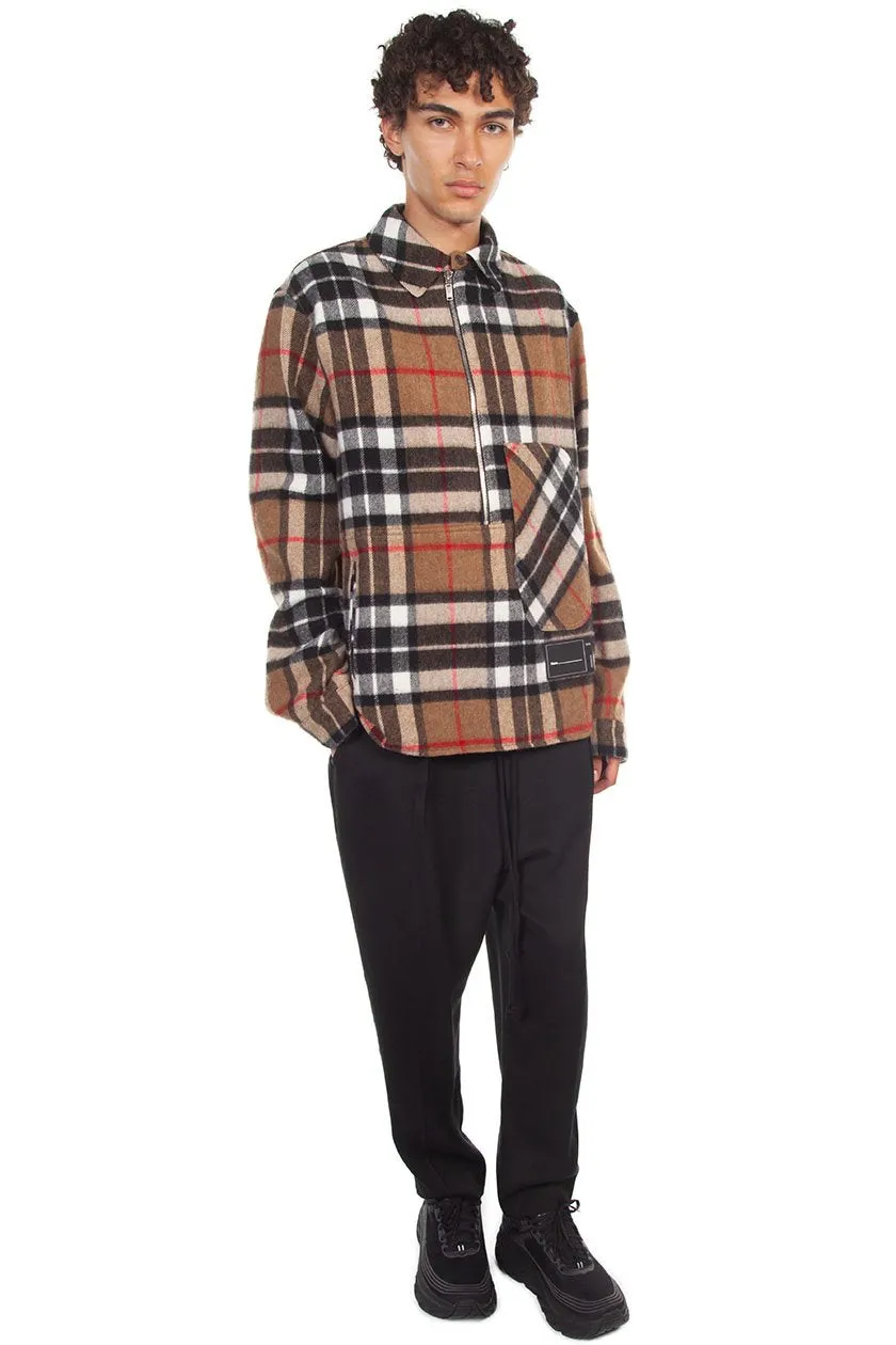 Brown Wool Check Half-Zip Anorak Shirt