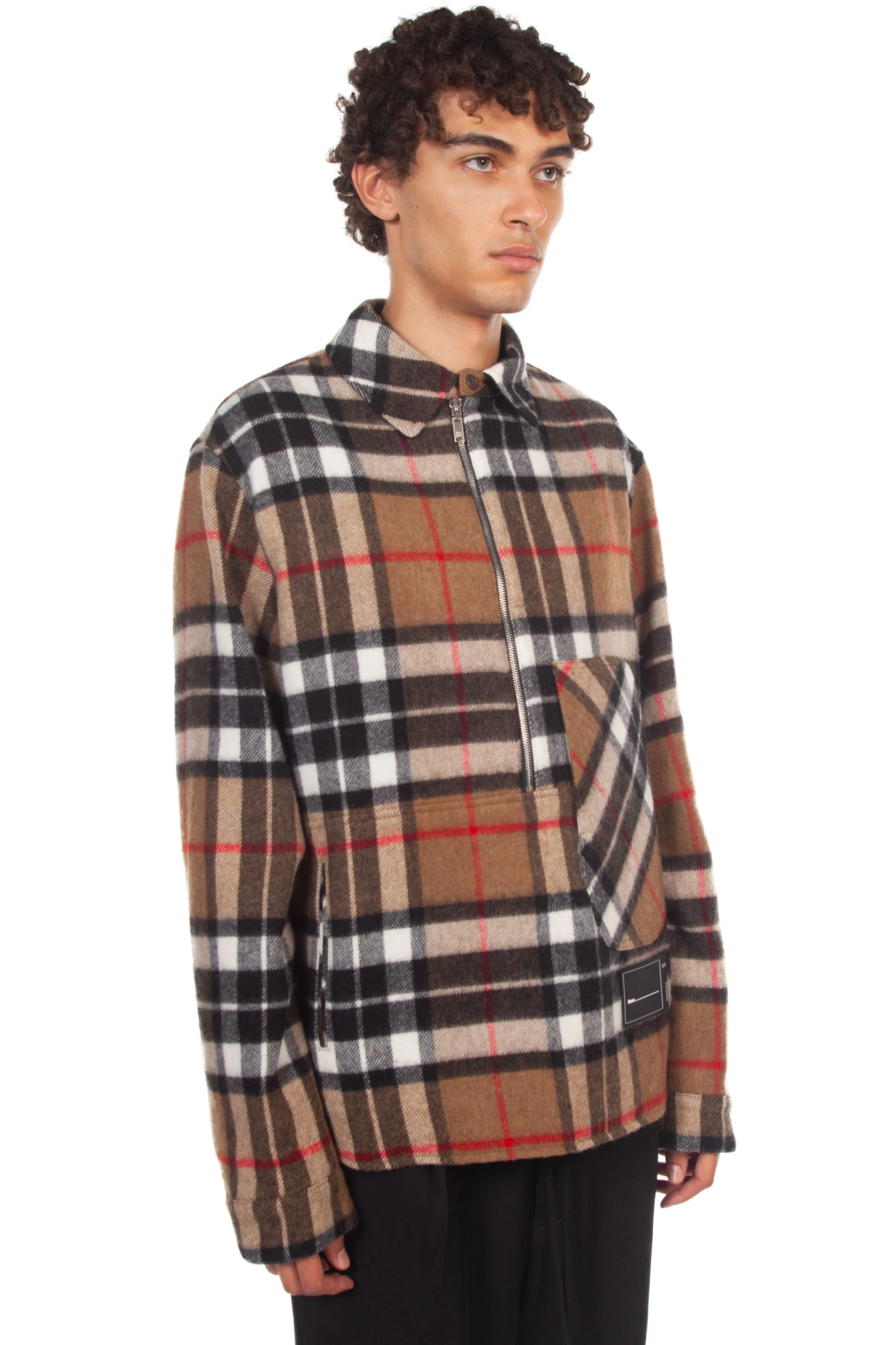 Brown Wool Check Half-Zip Anorak Shirt