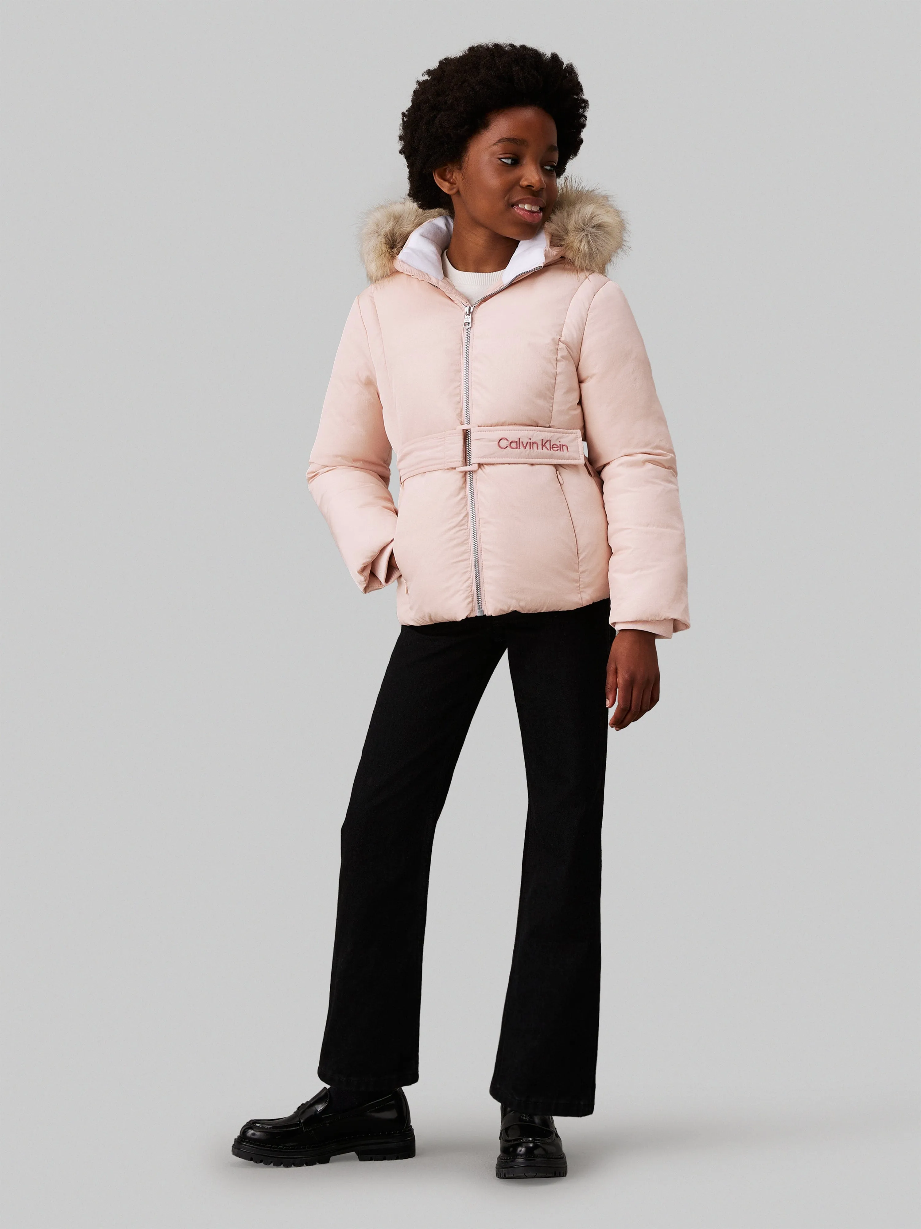 Calvin Klein Girls Classic Belted Fur Jacket in Pink