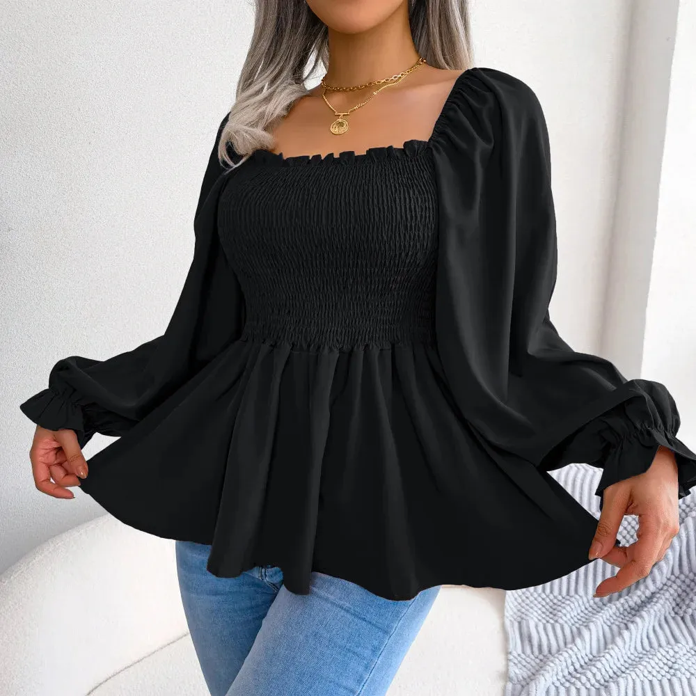 Casual Squared Neck Pleated Ruffle Trim Solid Lantern Sleeve Blouse