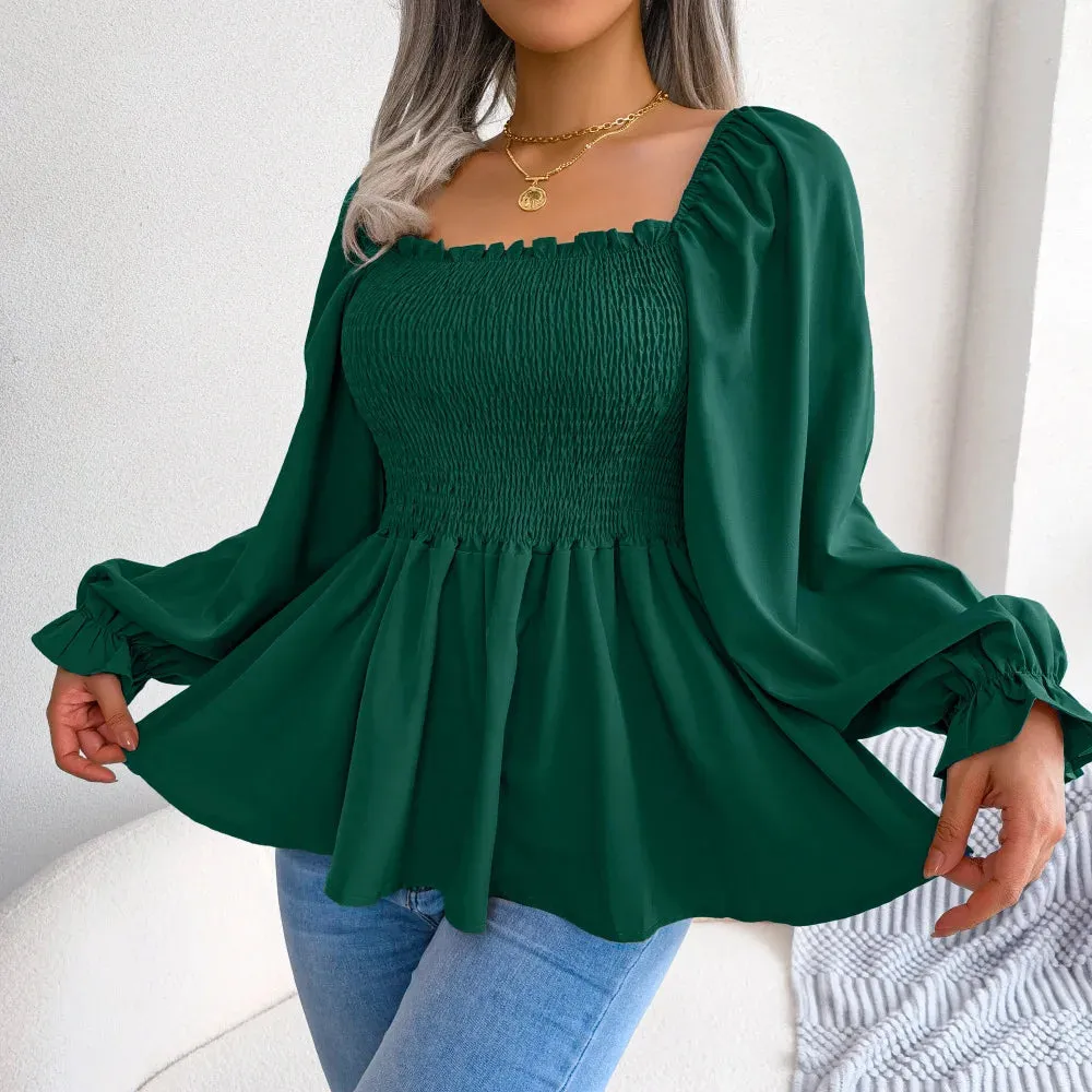 Casual Squared Neck Pleated Ruffle Trim Solid Lantern Sleeve Blouse