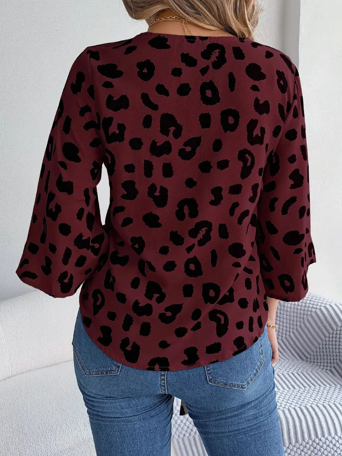 Casual V Neck 3/4 Sleeve Button Front Leopard Print Women's Blouse