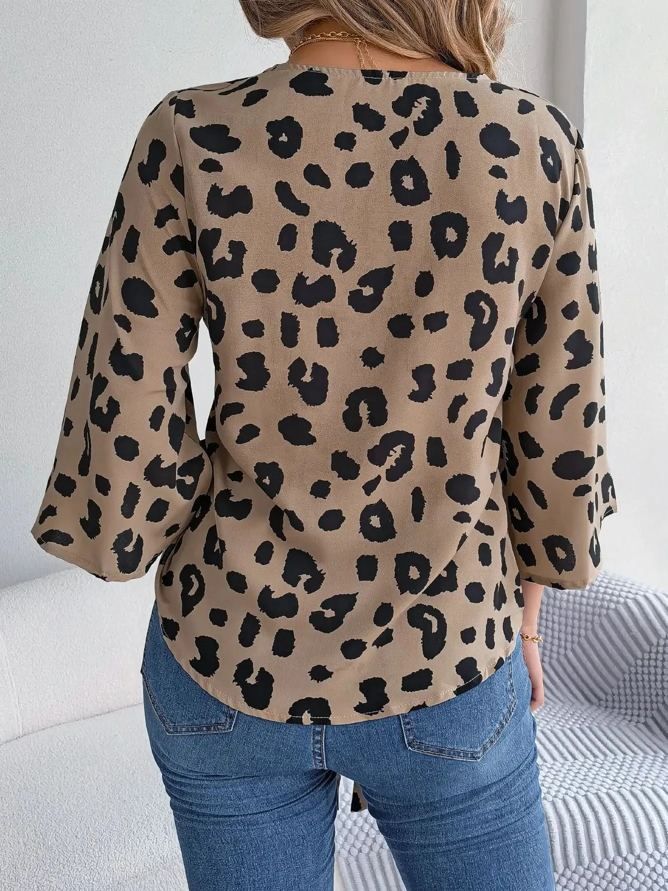 Casual V Neck 3/4 Sleeve Button Front Leopard Print Women's Blouse