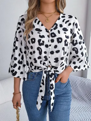 Casual V Neck 3/4 Sleeve Button Front Leopard Print Women's Blouse