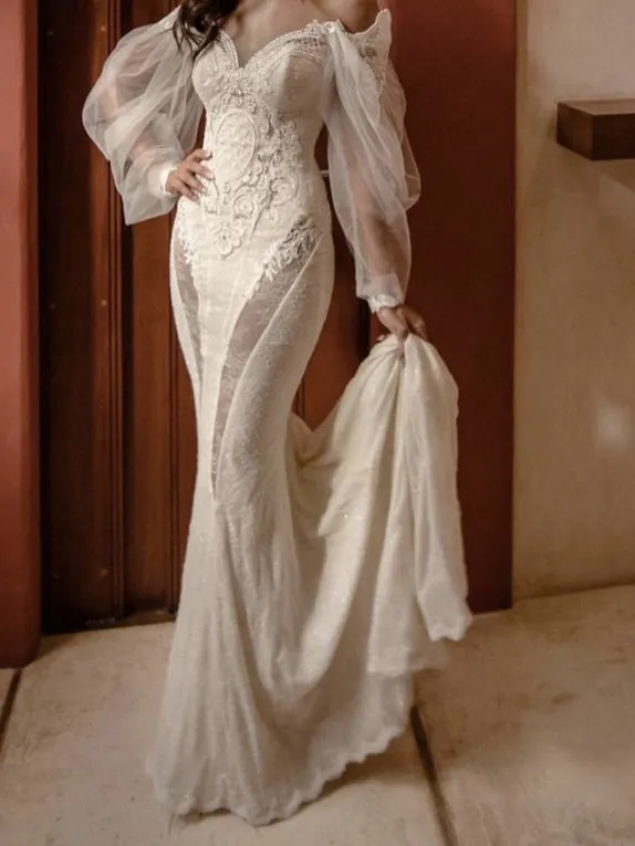 Chic Mermaid Long Sleeve Vintage Rustic Lace Wedding Dress Bridal Gowns MLS005