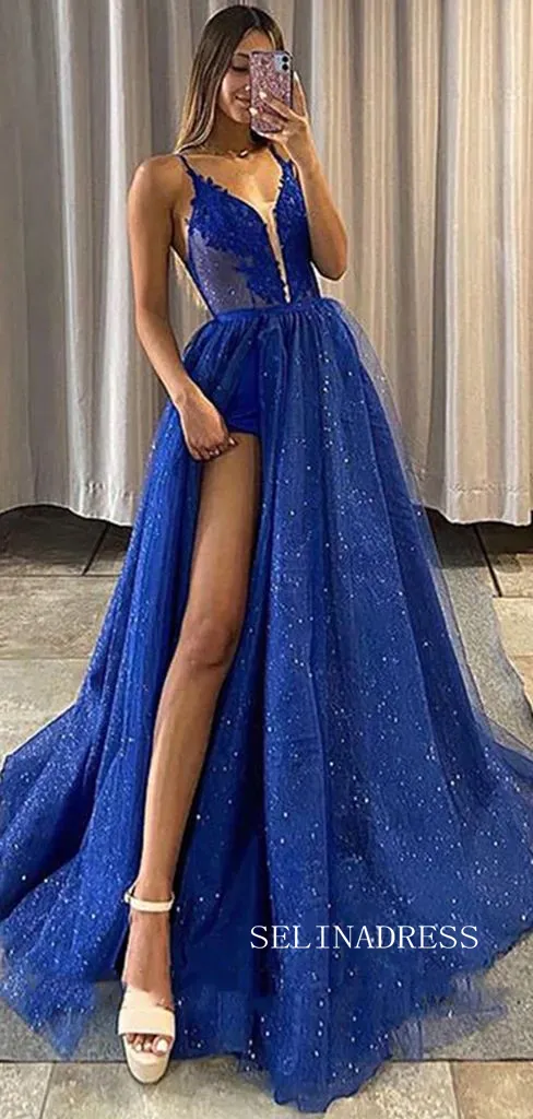 Chic Spaghetti Straps Lace Long Prom Dresses Elegant Royal Blue Formal Dresses TKH020