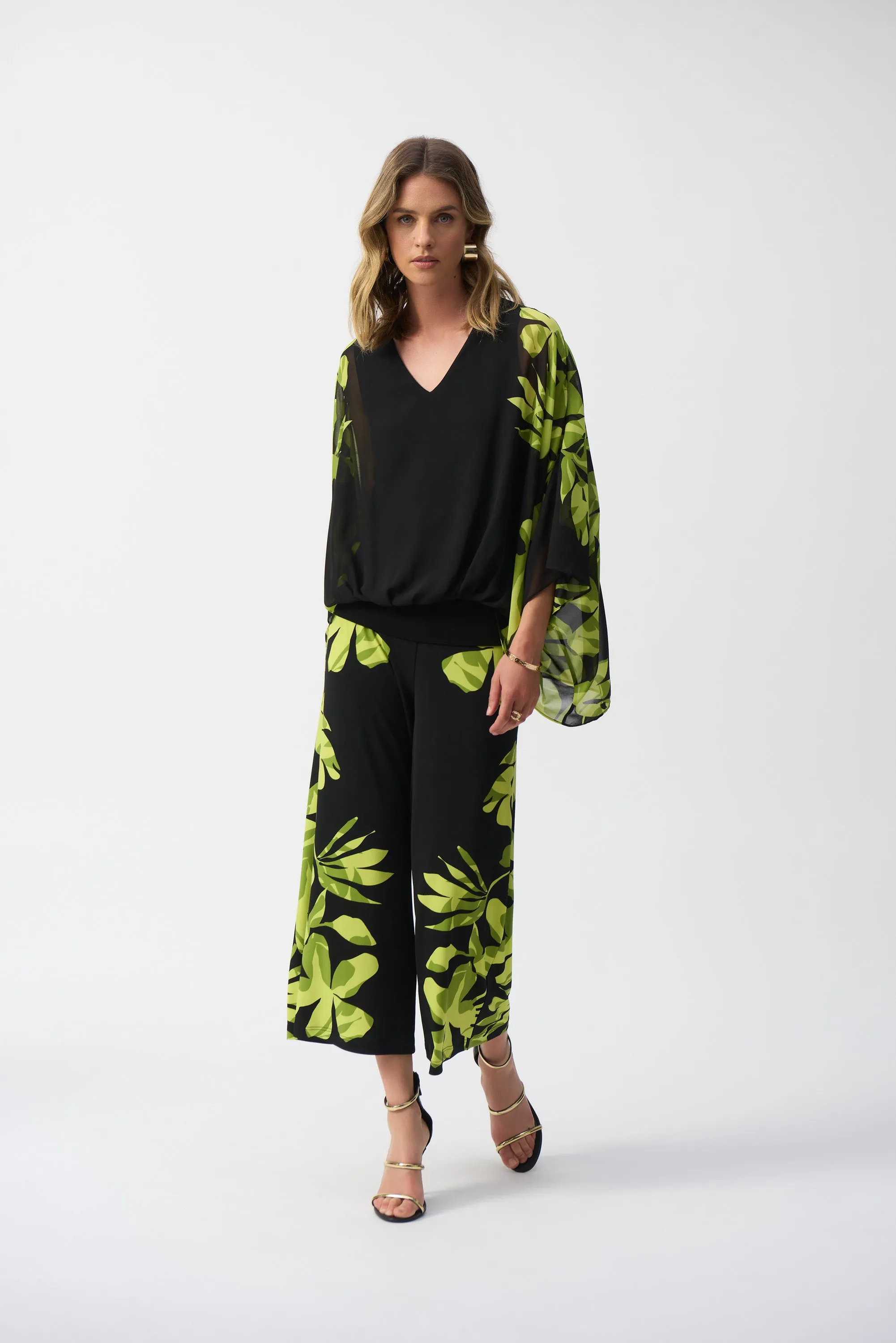 Chiffon & Silky Knit Floral Poncho Top, Black/Multi