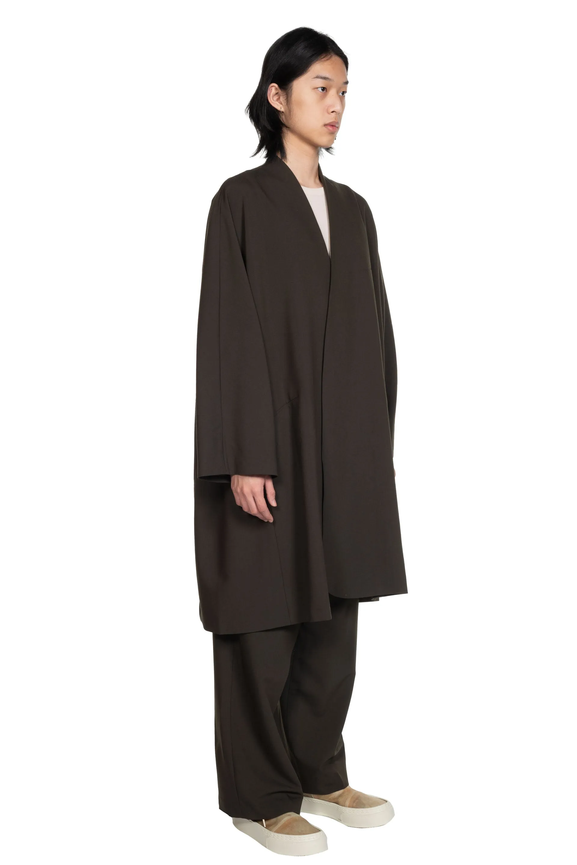 Collarless Long Coat Black Olive