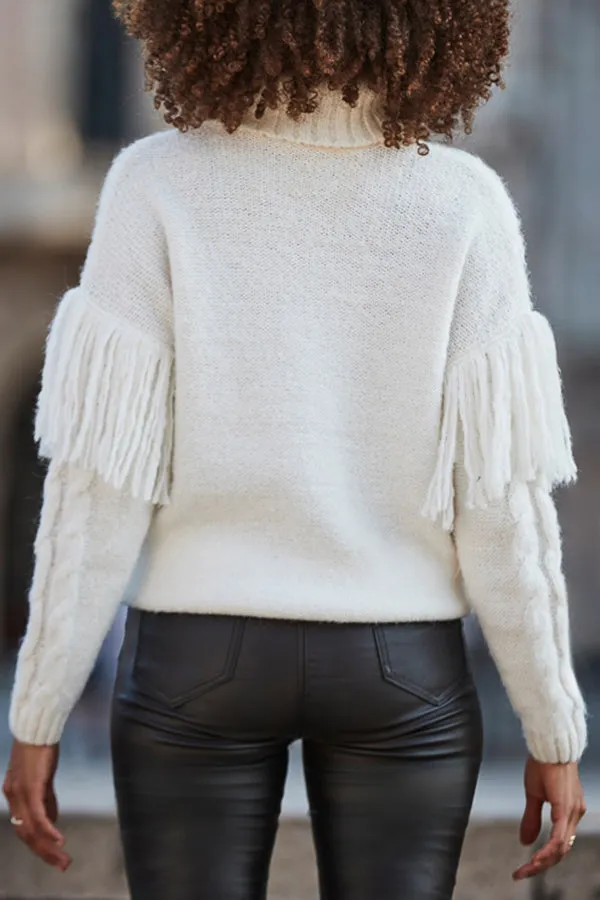 Cozy Turtleneck Cable Knit Fringe Detail Sweater