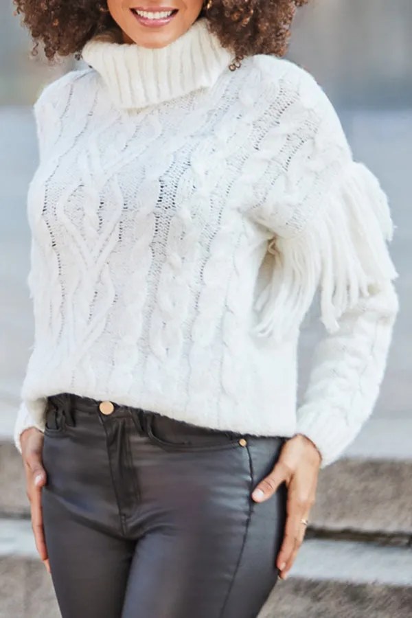 Cozy Turtleneck Cable Knit Fringe Detail Sweater