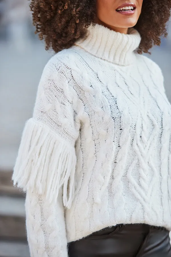 Cozy Turtleneck Cable Knit Fringe Detail Sweater