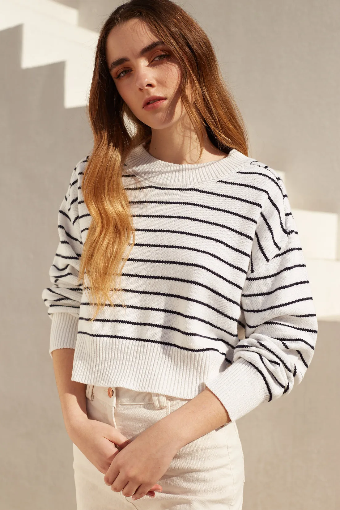 Deluc White Navy Blue Striped Cropped Sweater