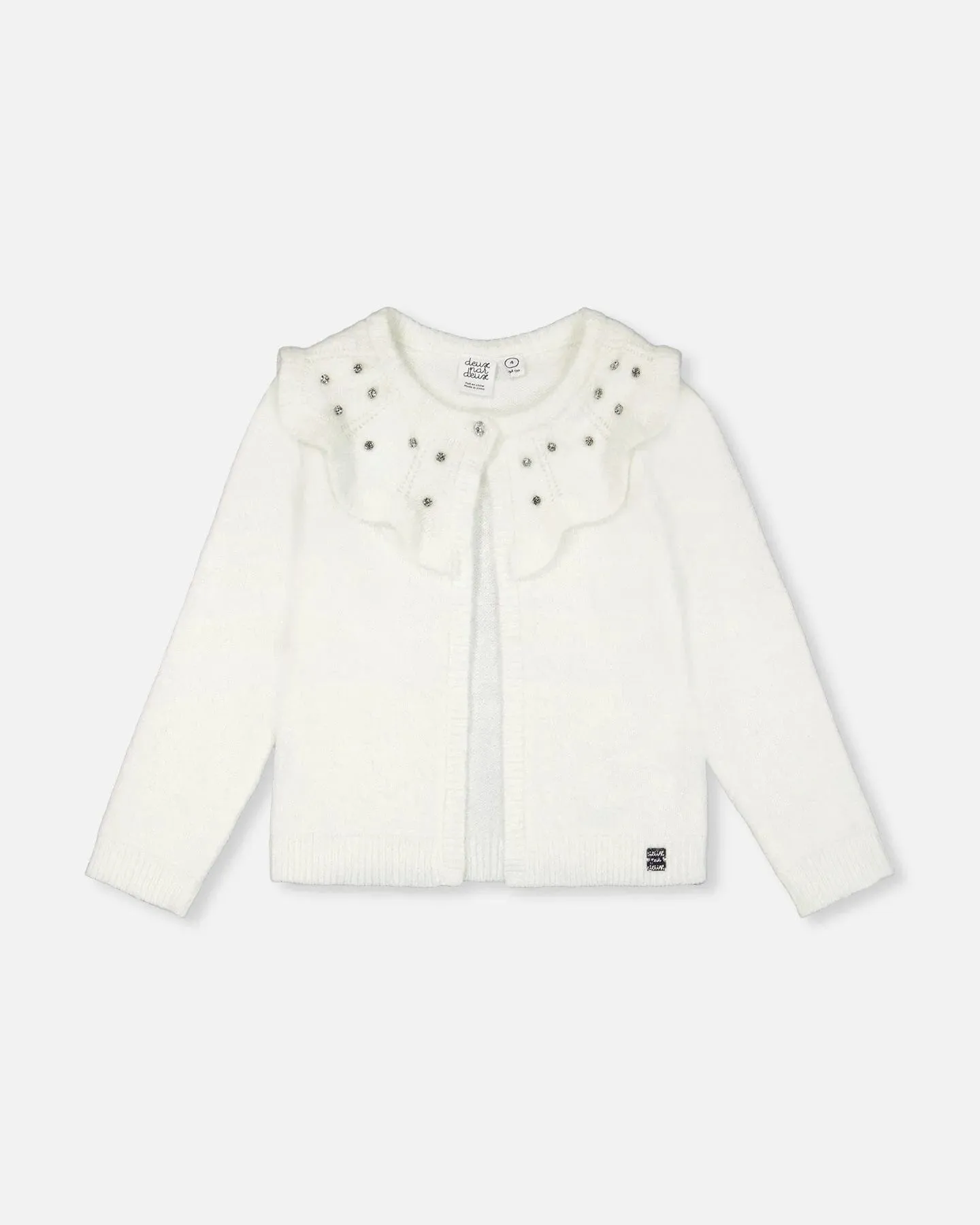 DPD Knitted Fuzzy Sparkle Collared Cardigan in Off White