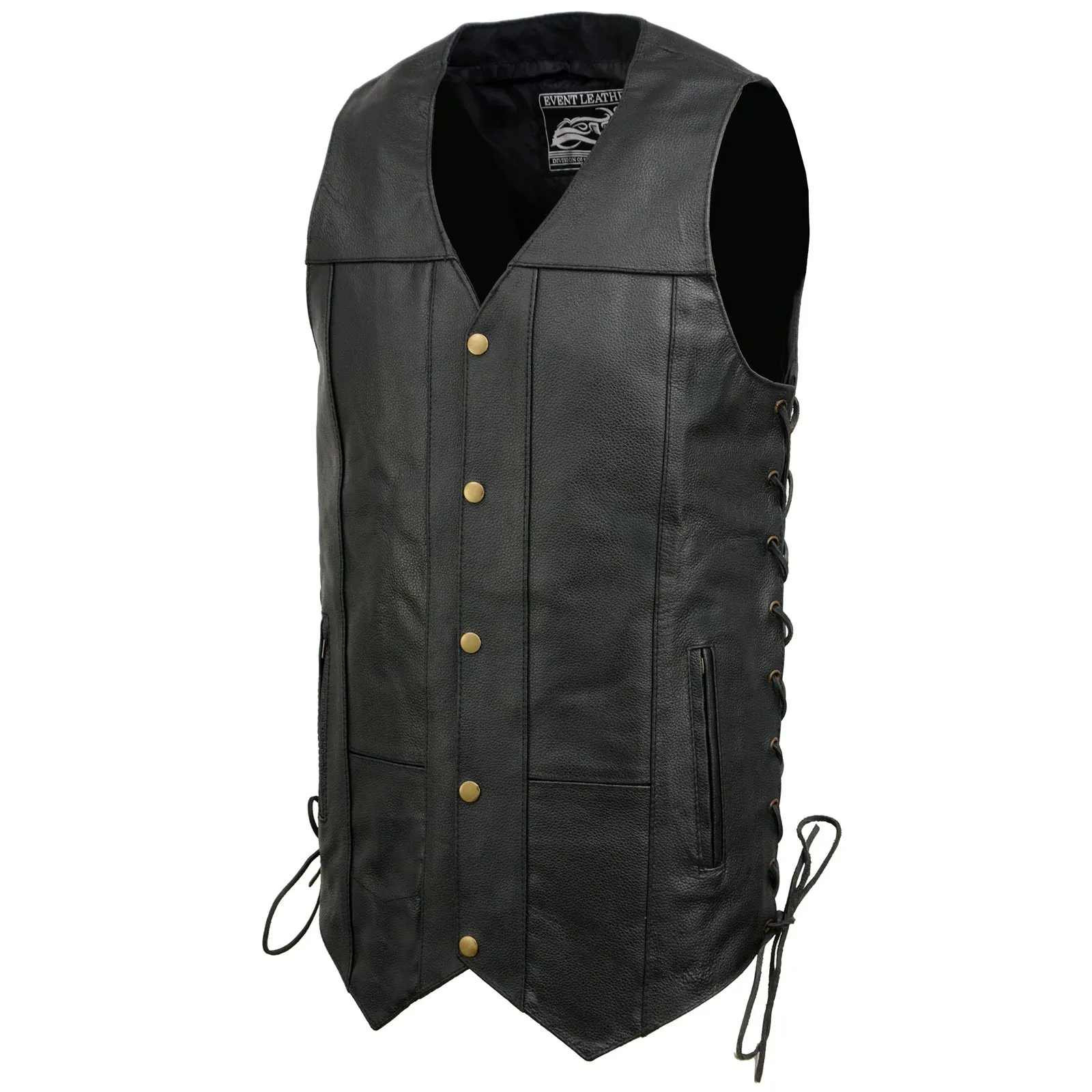 Event Leather EL5391 Black Motorcycle Leather Vest for Men w/ 10 Pockets- Riding Club Adult Motorcycle Vests