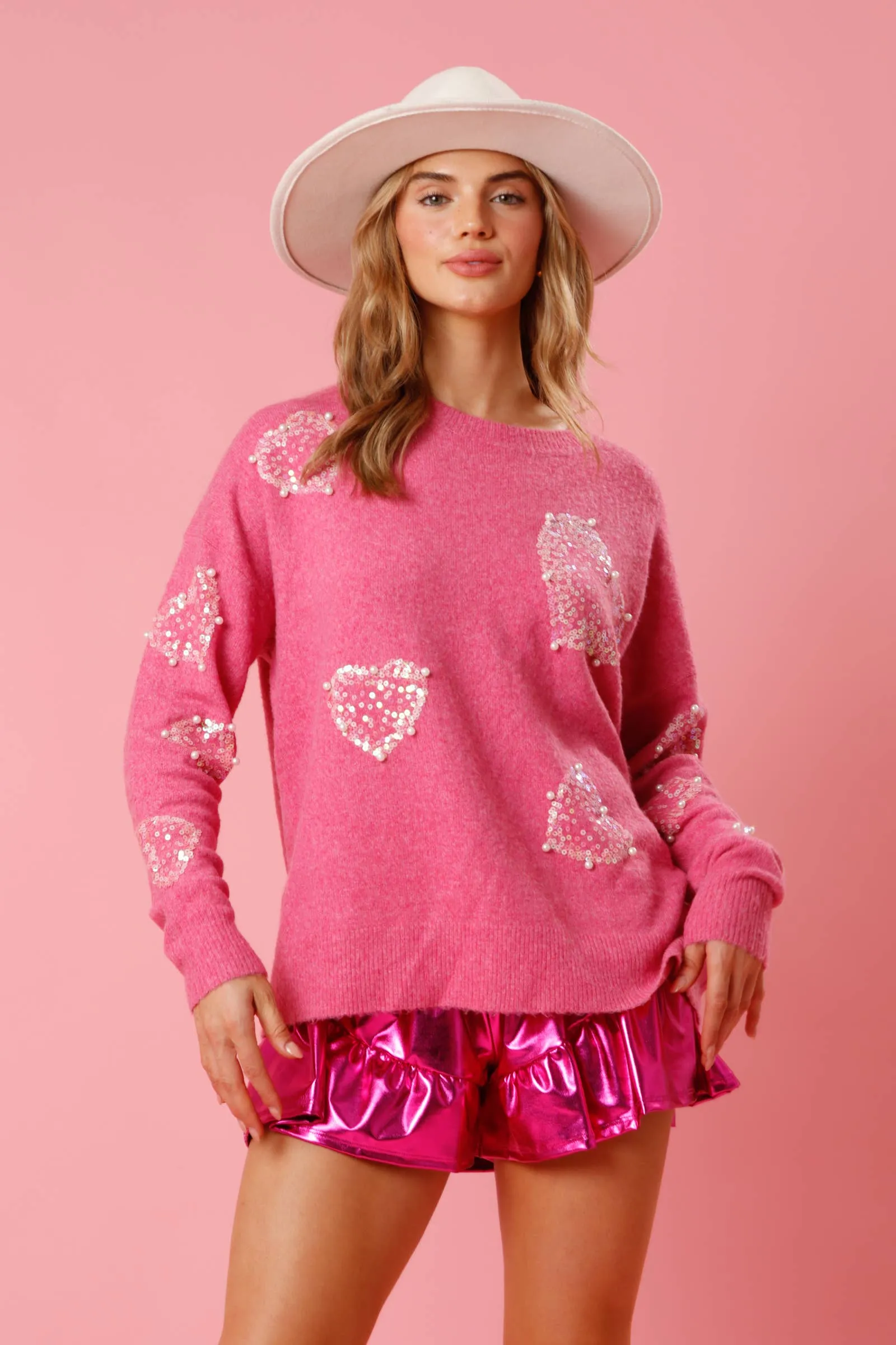 FAN Sequin & Pearl Heart Sweater