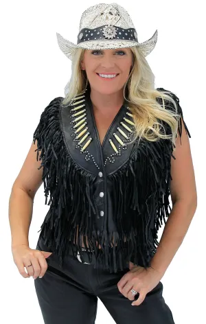 Genuine Bone Studded Fringe Leather Vest #VL4253FBSK ()