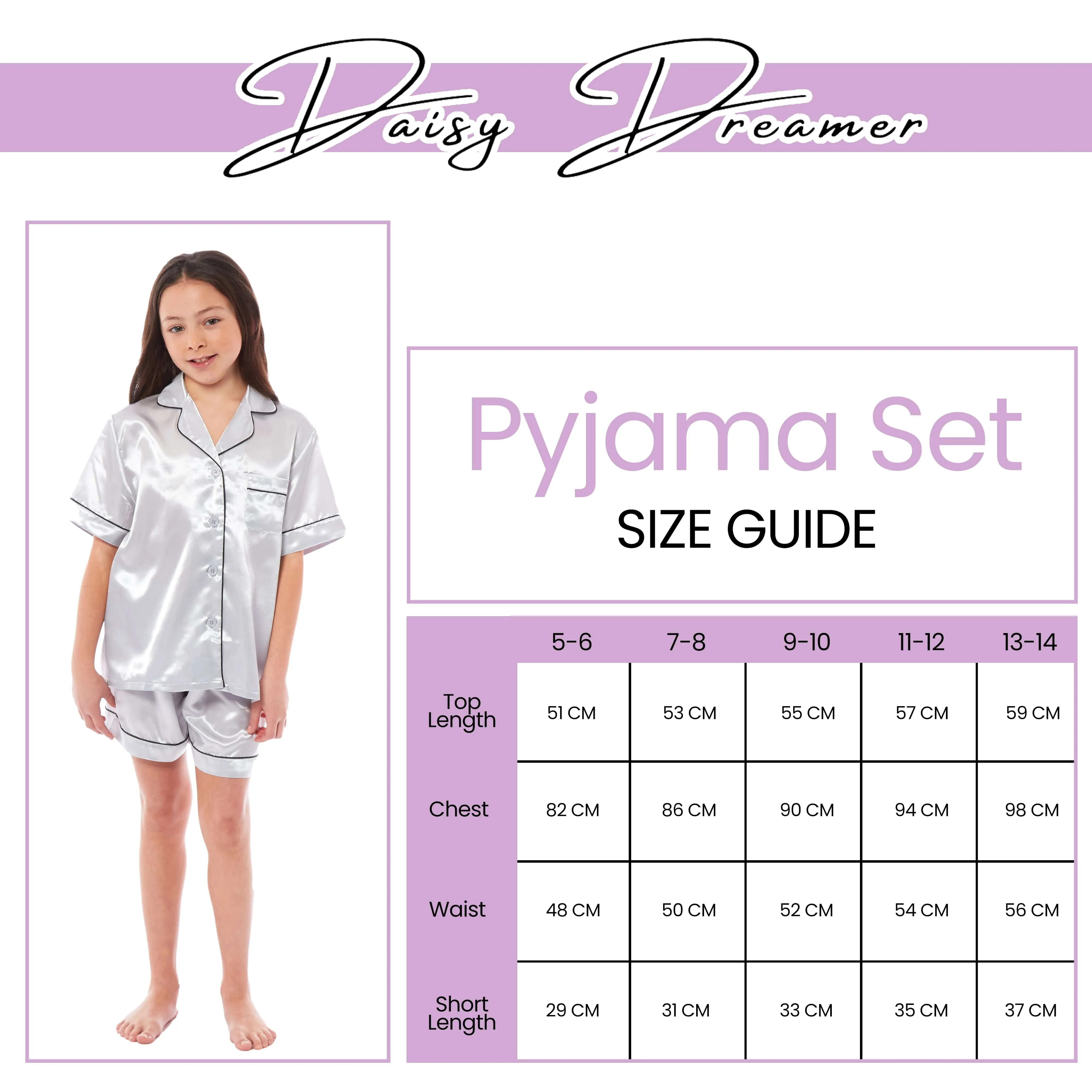 Girls Satin Silk Short Pyjama Set Button-Down Shirt and Loose-Fitting Pants Loungewear Nightwear for Ages 5-14 Black Pink Grey by Daisy Dreamer