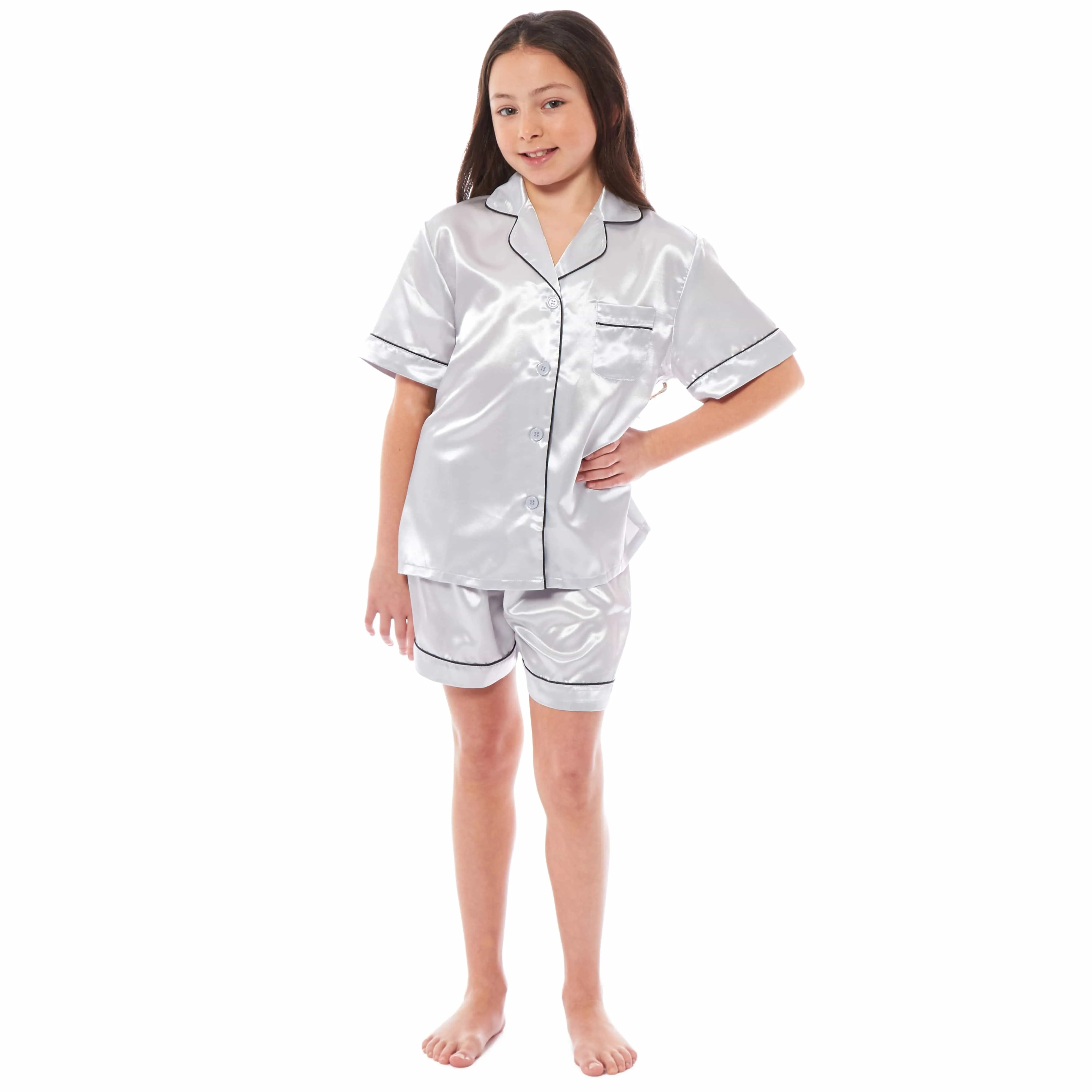 Girls Satin Silk Short Pyjama Set Button-Down Shirt and Loose-Fitting Pants Loungewear Nightwear for Ages 5-14 Black Pink Grey by Daisy Dreamer