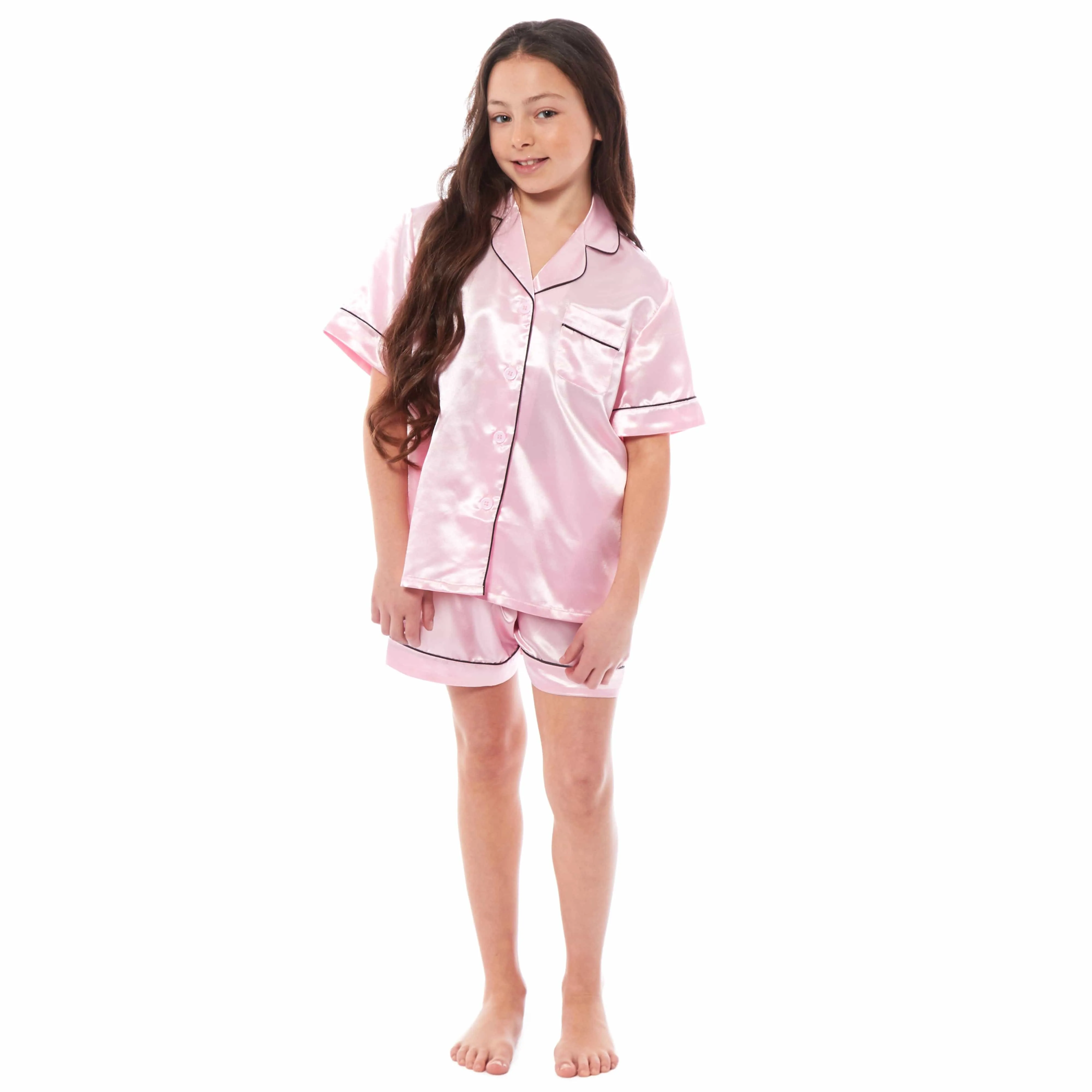 Girls Satin Silk Short Pyjama Set Button-Down Shirt and Loose-Fitting Pants Loungewear Nightwear for Ages 5-14 Black Pink Grey by Daisy Dreamer