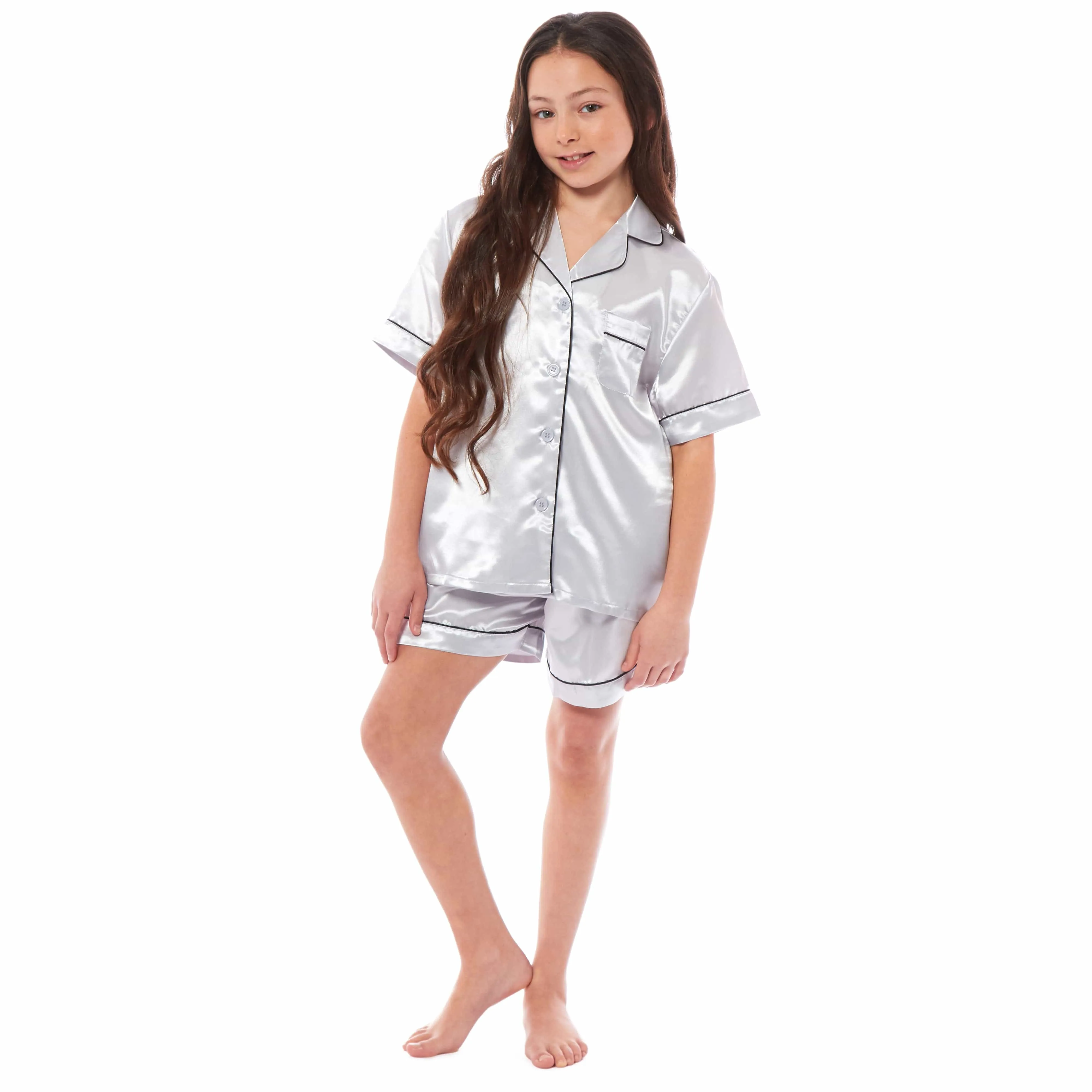 Girls Satin Silk Short Pyjama Set Button-Down Shirt and Loose-Fitting Pants Loungewear Nightwear for Ages 5-14 Black Pink Grey by Daisy Dreamer