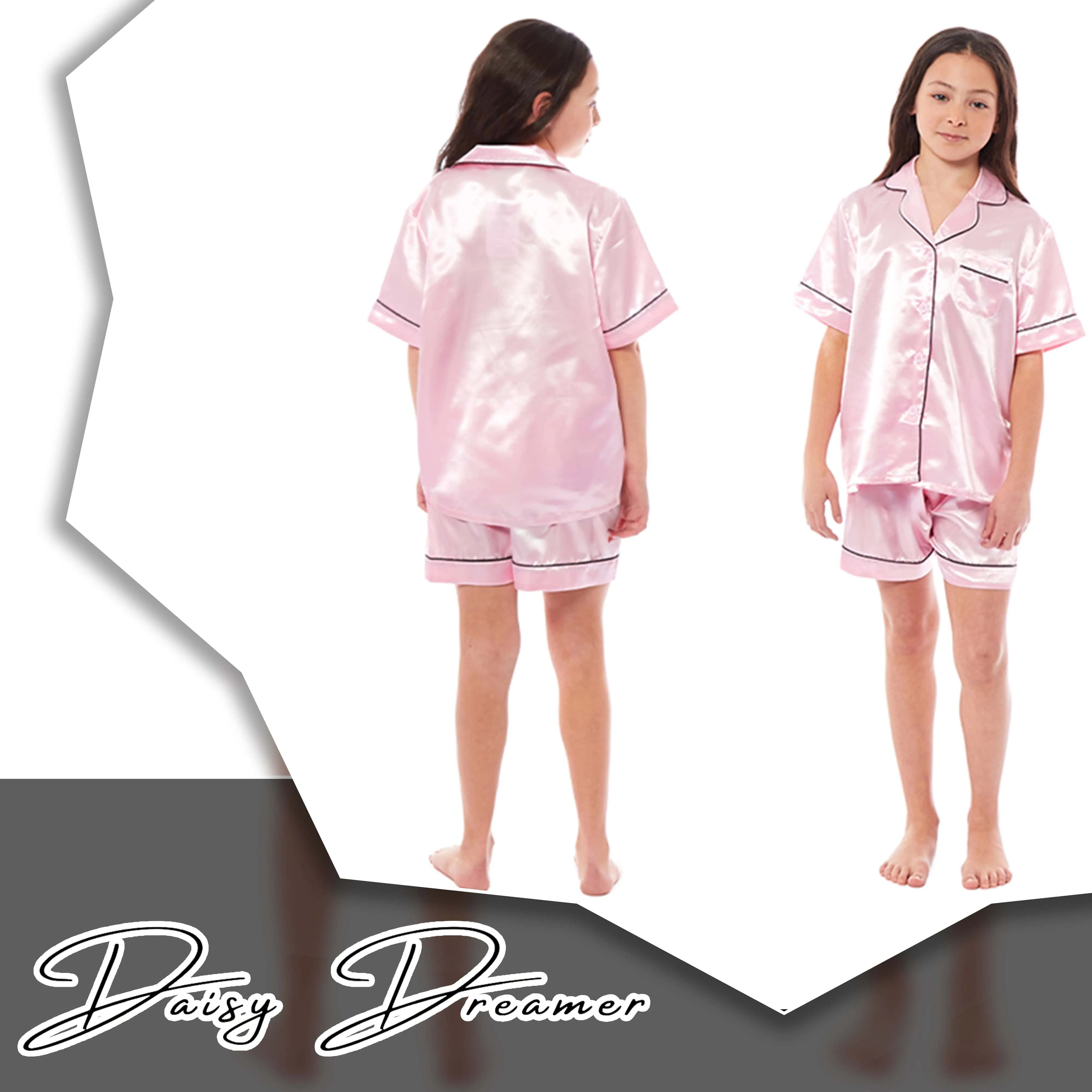 Girls Satin Silk Short Pyjama Set Button-Down Shirt and Loose-Fitting Pants Loungewear Nightwear for Ages 5-14 Black Pink Grey by Daisy Dreamer