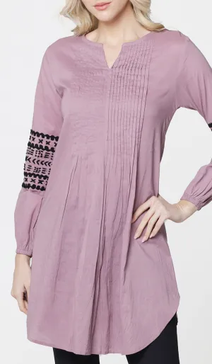 Hadiza Embroidered Cotton Modest Tunic - Dusty Mauve