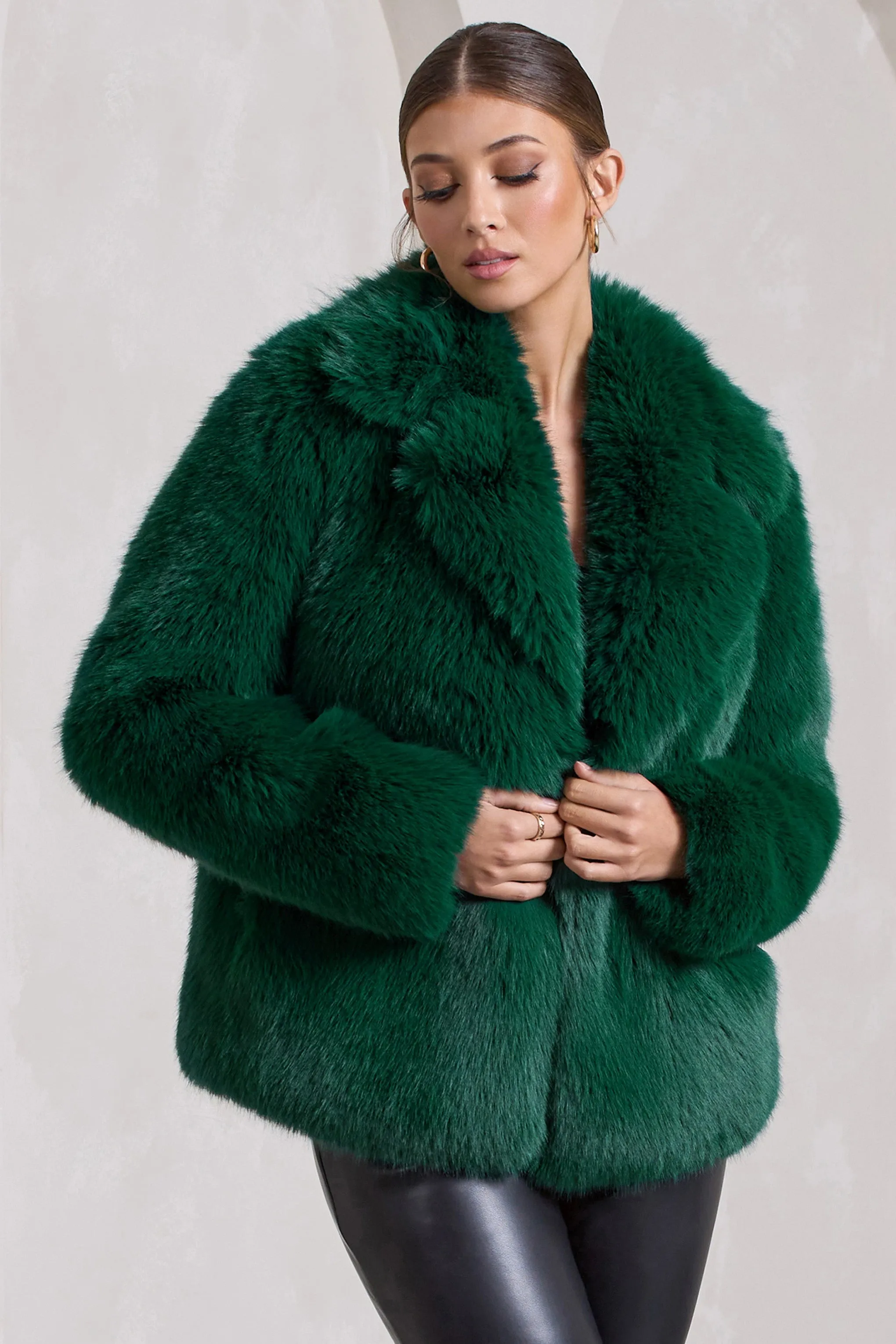 Hot Toddy | Bottle Green Short Faux Fur Coat