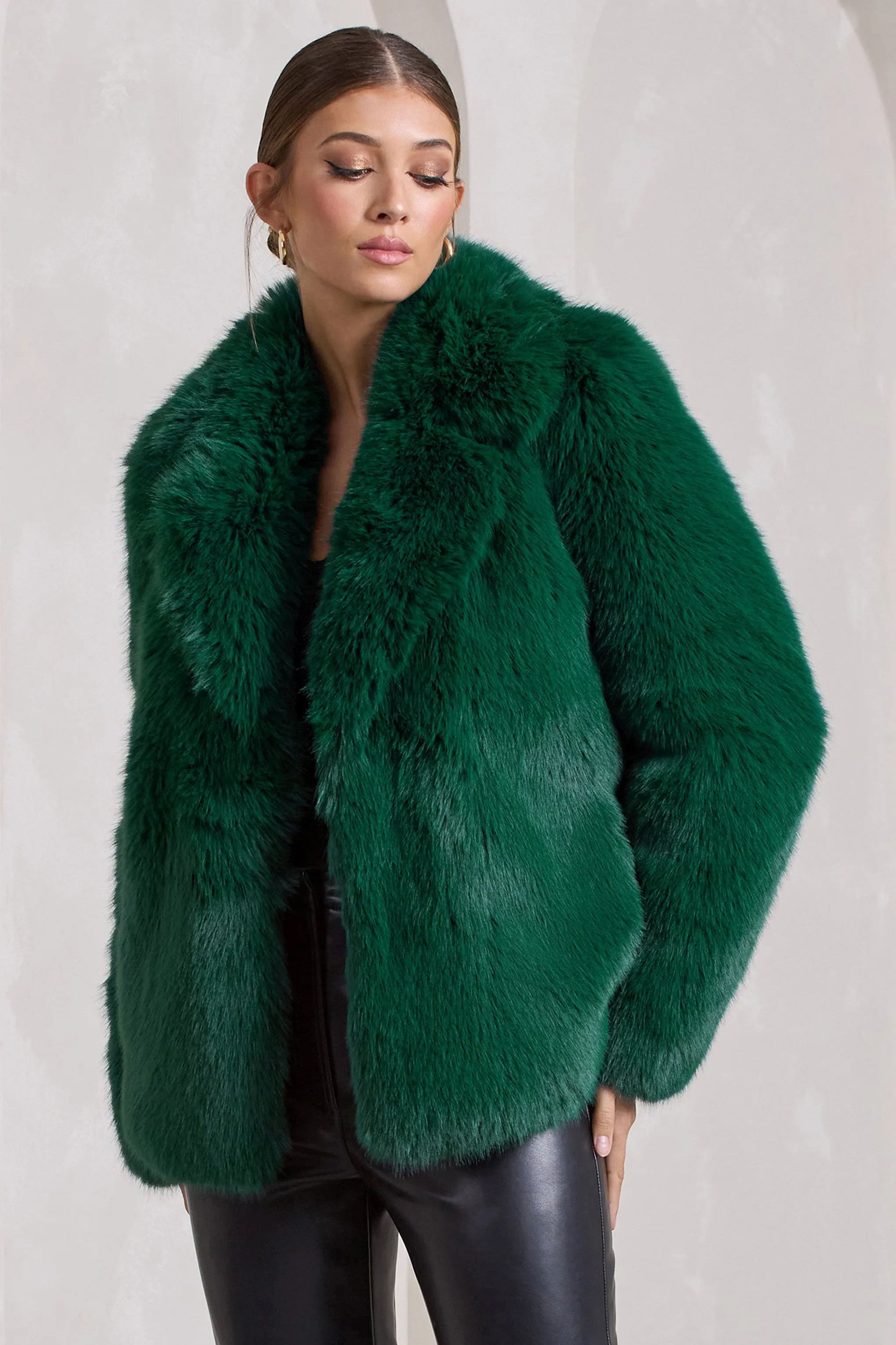 Hot Toddy | Bottle Green Short Faux Fur Coat