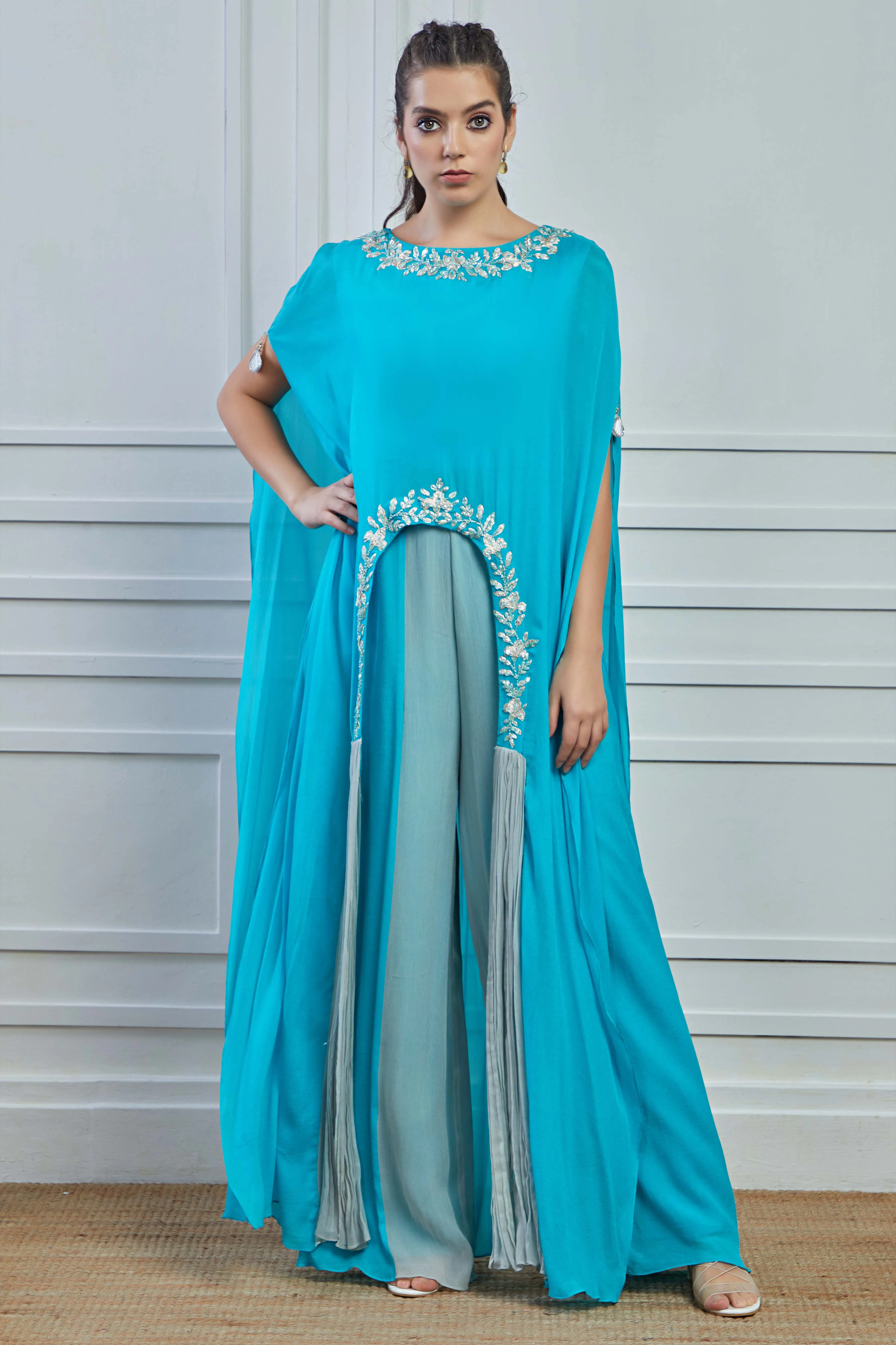 Light Blue Embellished Crepe Silk Kaftan Palazzo Set