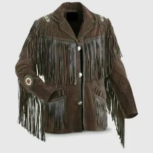 Men's Cowboy Jackets Western Suede Beaded Work Leather Coat with Fringed &Pocket - Black - Sheep Leather