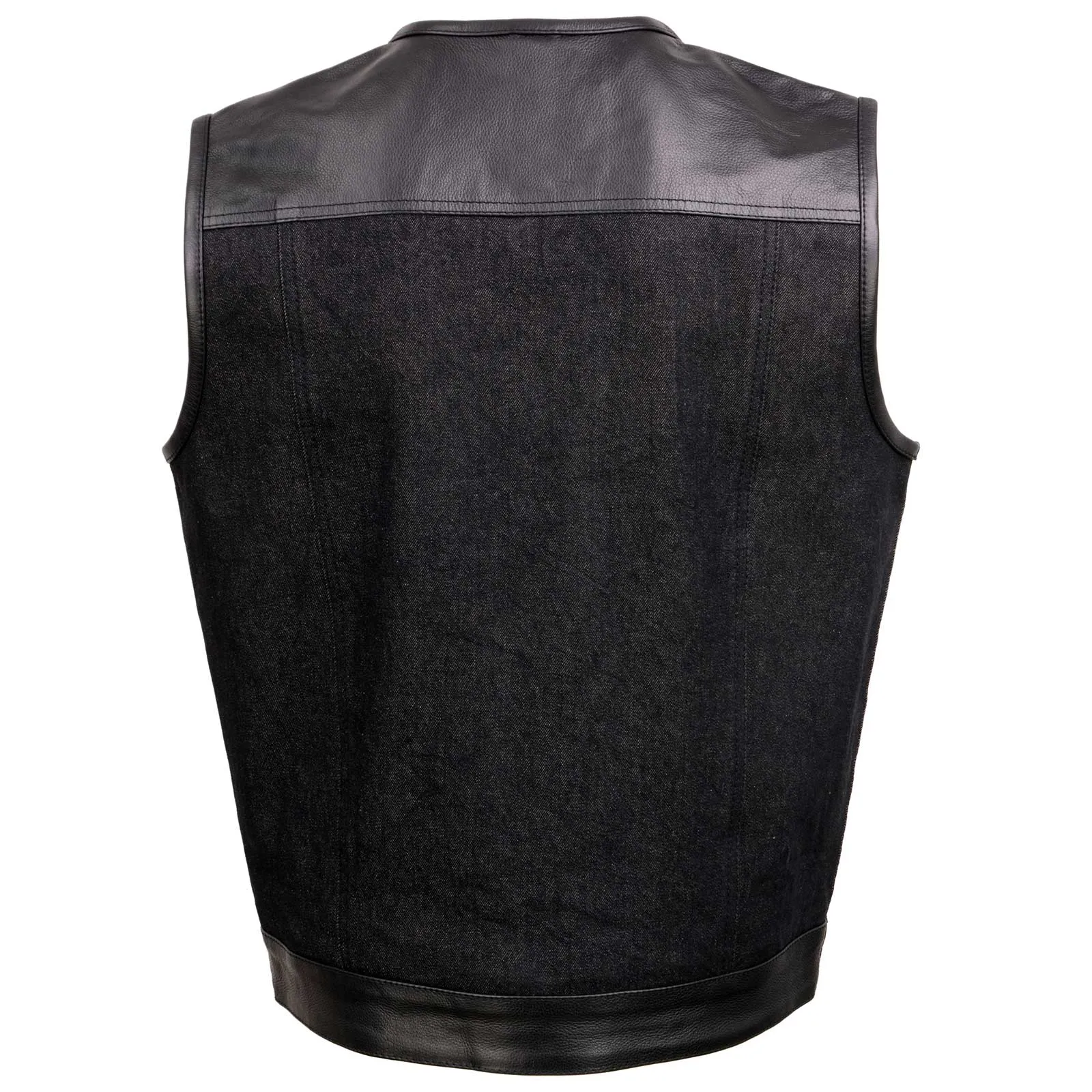 Milwaukee Leather MDM3003 Men's 'Brute' Concealed Snap Black Denim and Black Leather Club Style Vest w/ Hidden Zipper