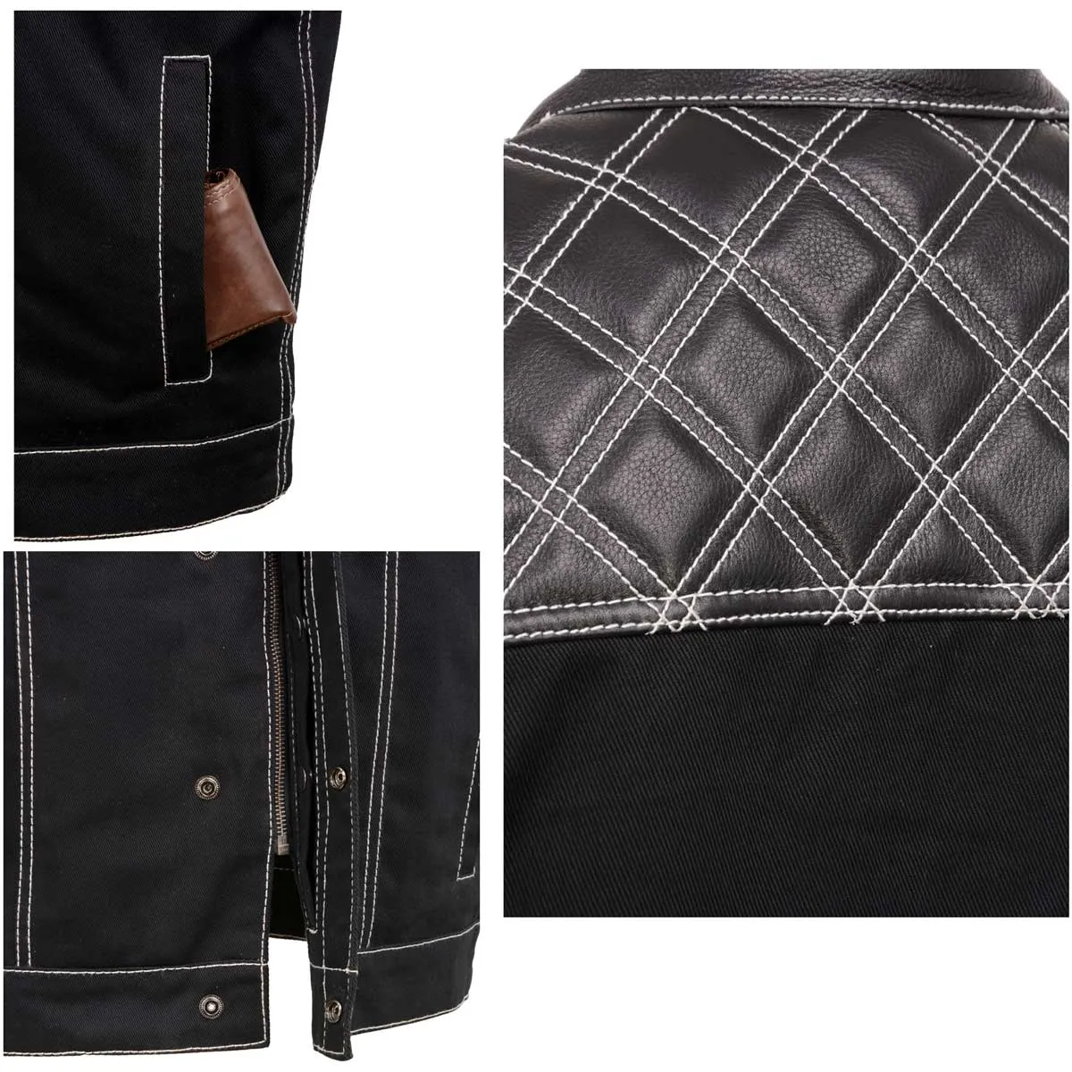 Milwaukee Leather MDM3035 Men's 'Wrecker' Black Denim and Leather Club Style Vest w/ Diamond Quilt Design