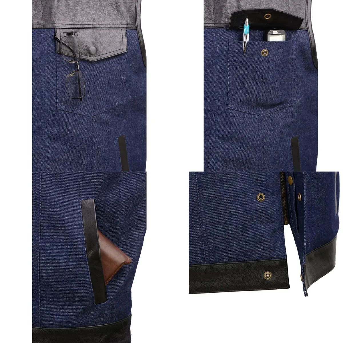 Milwaukee Leather Men's Brute Dual Closure Blue Denim and Black Leather Club Style Vest MDM3004