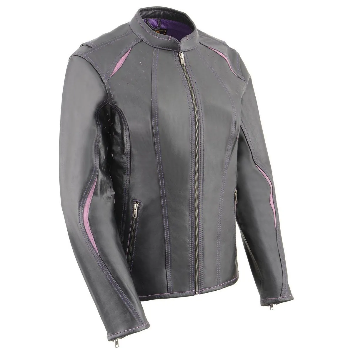 Milwaukee Leather MLL2502 Women's 'Laser Cut' Distressed Black and Purple Scuba Style Racer Jacket