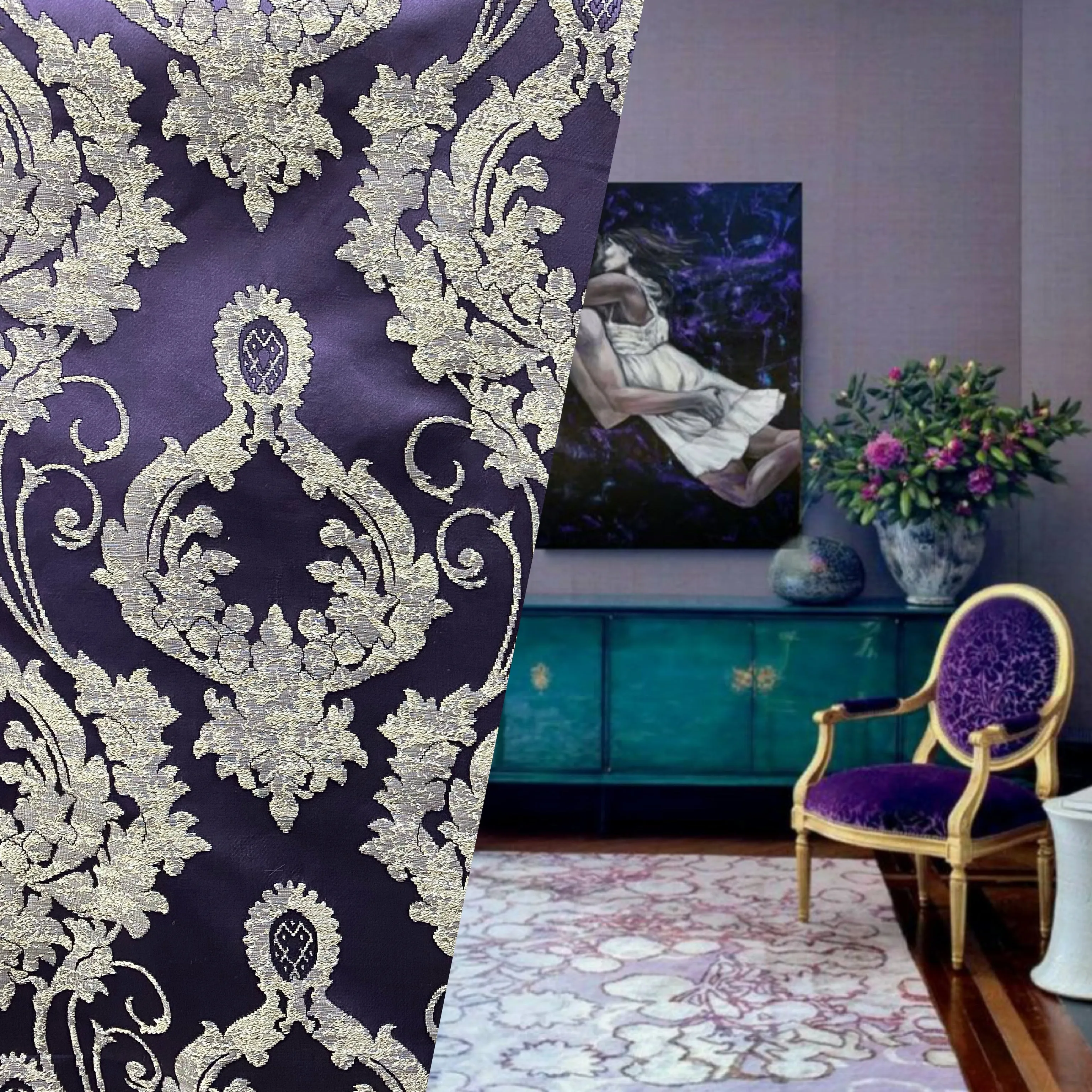 NEW Lord Tustin Brocade Upholstery & Drapery Satin Medallion Fabric - Purple