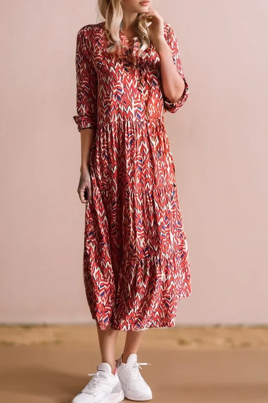 No Exceptions - Abstract Print V Neck High Waist Tiered Maxi Dress