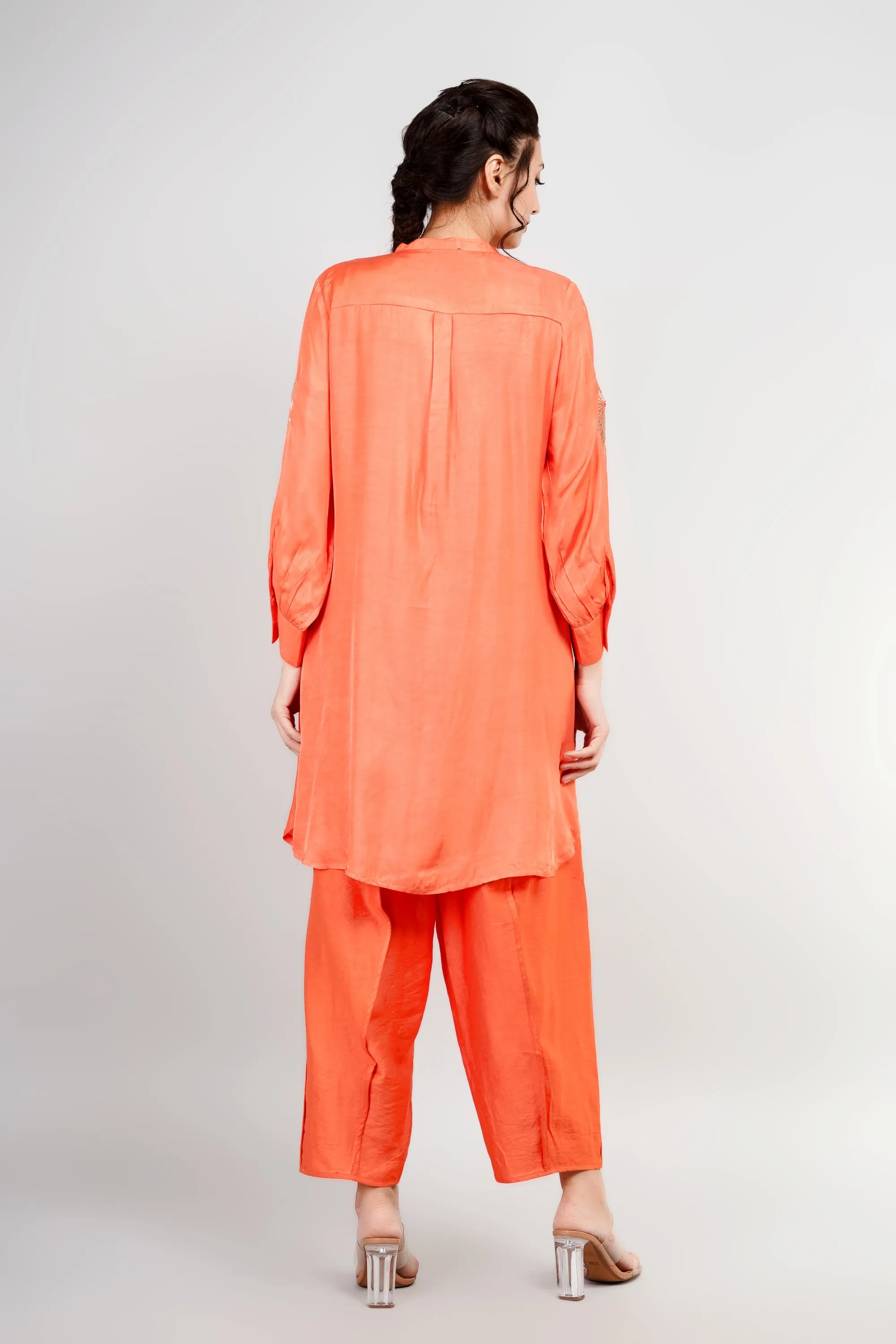 Orange Embroidered German Silk Co-Ord Set