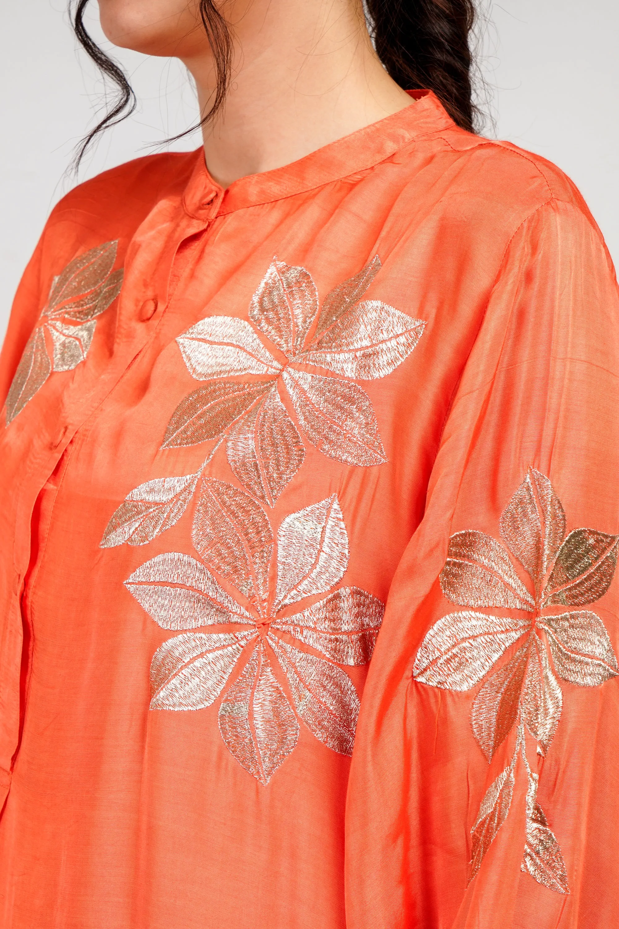 Orange Embroidered German Silk Co-Ord Set