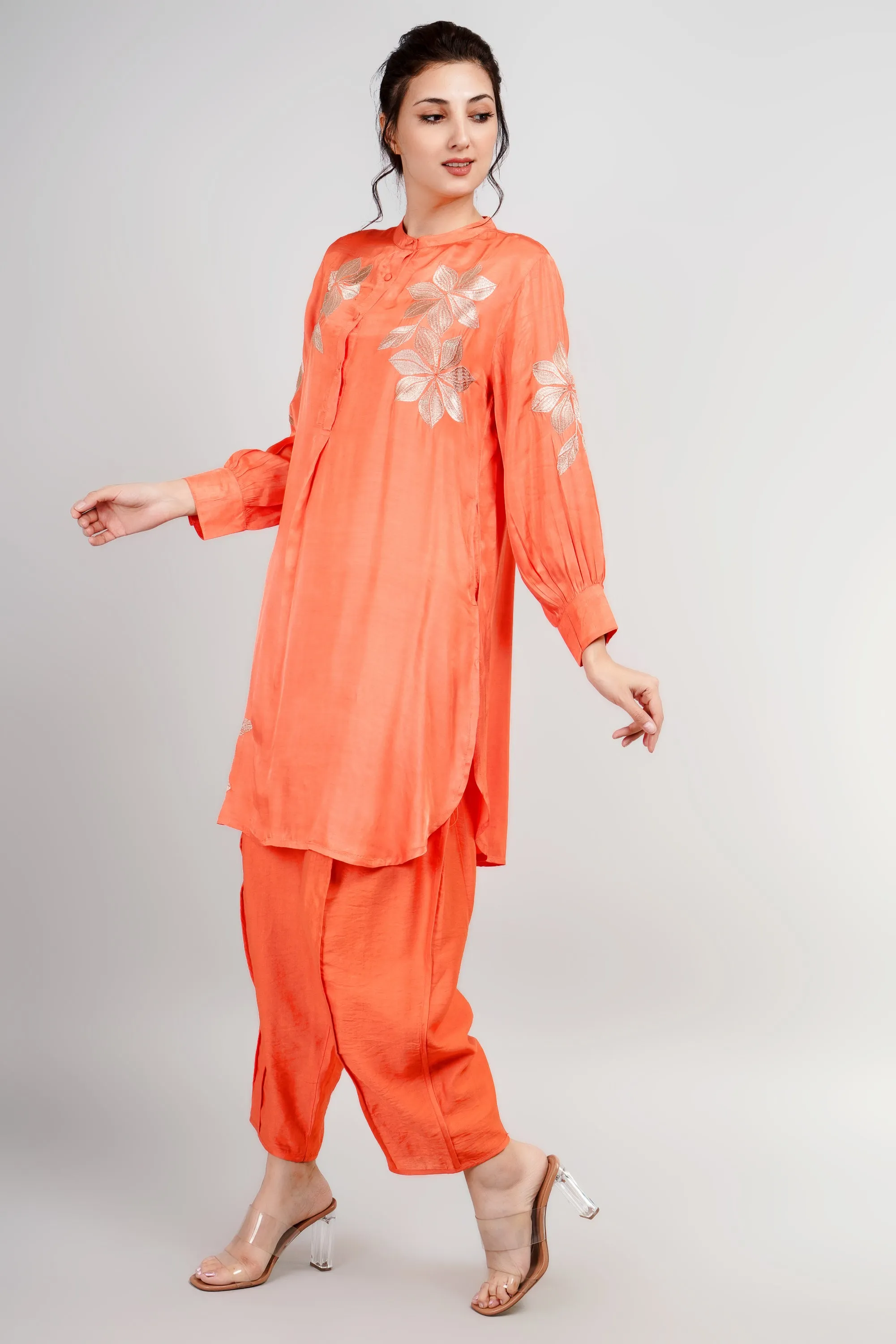 Orange Embroidered German Silk Co-Ord Set