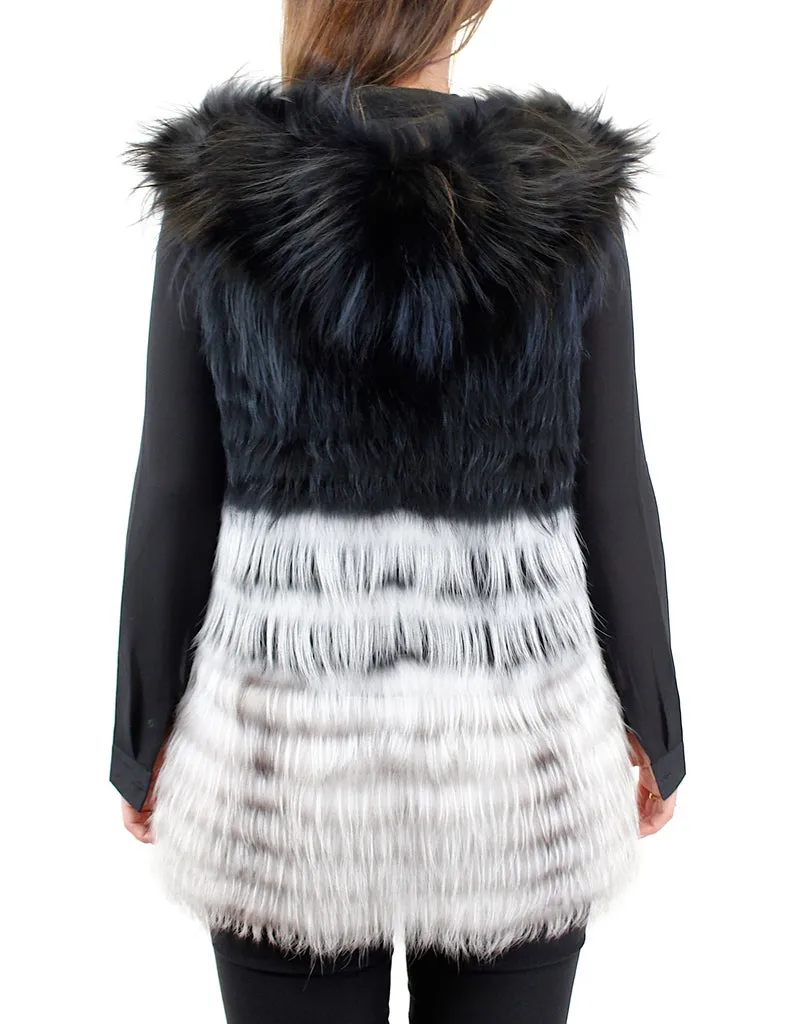 RIZAL - HOODED BLACK & WHITE FEATHERY LAYERED RACCOON FUR VEST