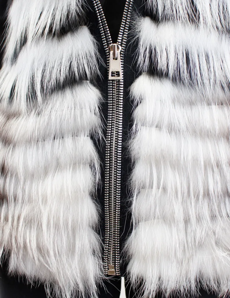 RIZAL - HOODED BLACK & WHITE FEATHERY LAYERED RACCOON FUR VEST